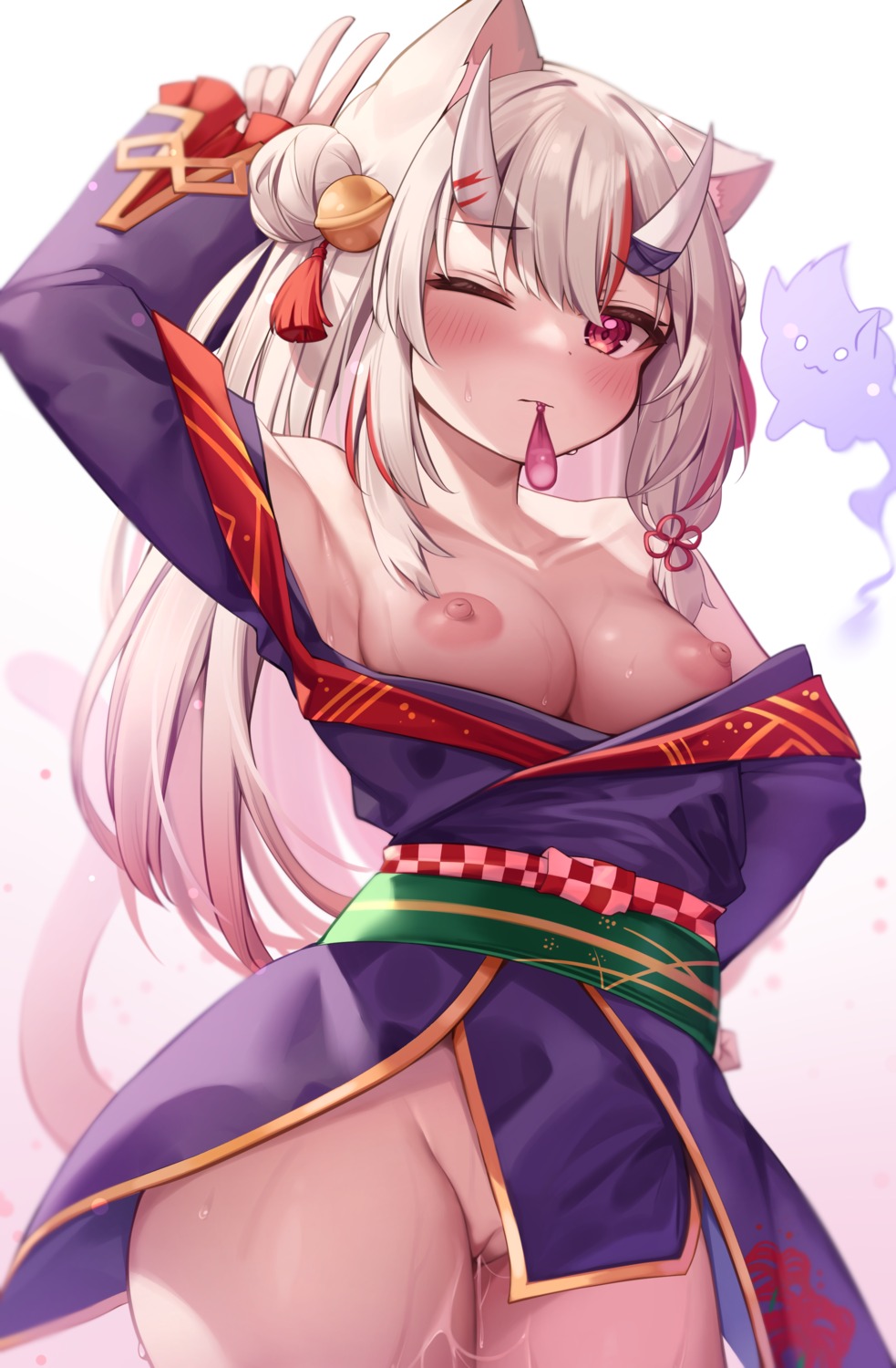 animal_ears breasts cum deaver hololive horns japanese_clothes nakiri_ayame nekomimi nipples no_bra nopan open_shirt pussy pussy_juice tail uncensored wet