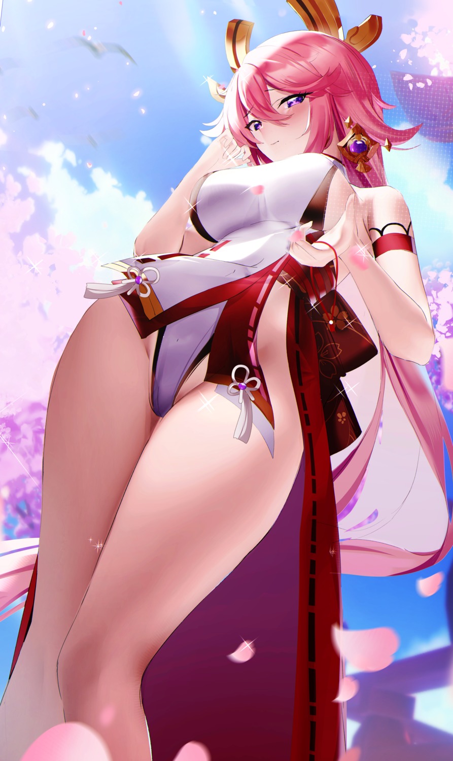 animal_ears cameltoe fantongjun genshin_impact japanese_clothes kitsune no_bra yae_miko