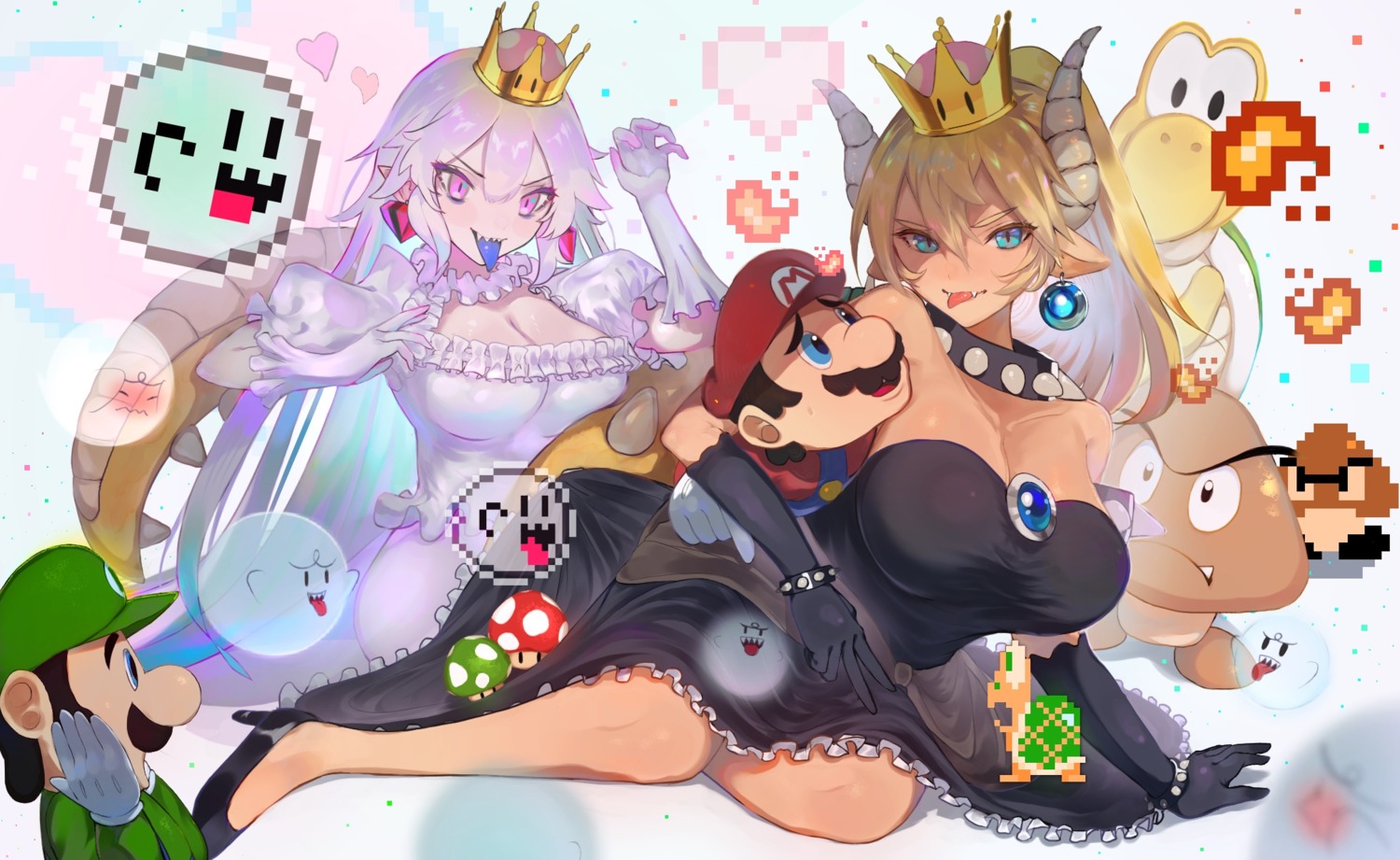 bowsette cleavage dress heels horns luigi mario natsume-same new_super_mario_bros._u_deluxe pointy_ears princess_king_boo tail