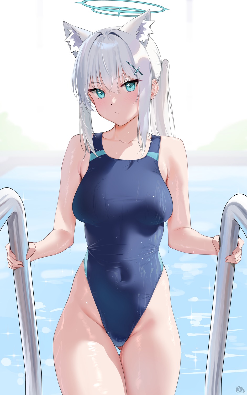 animal_ears blue_archive halo nekomimi ryudraw sunaookami_shiroko swimsuits wet