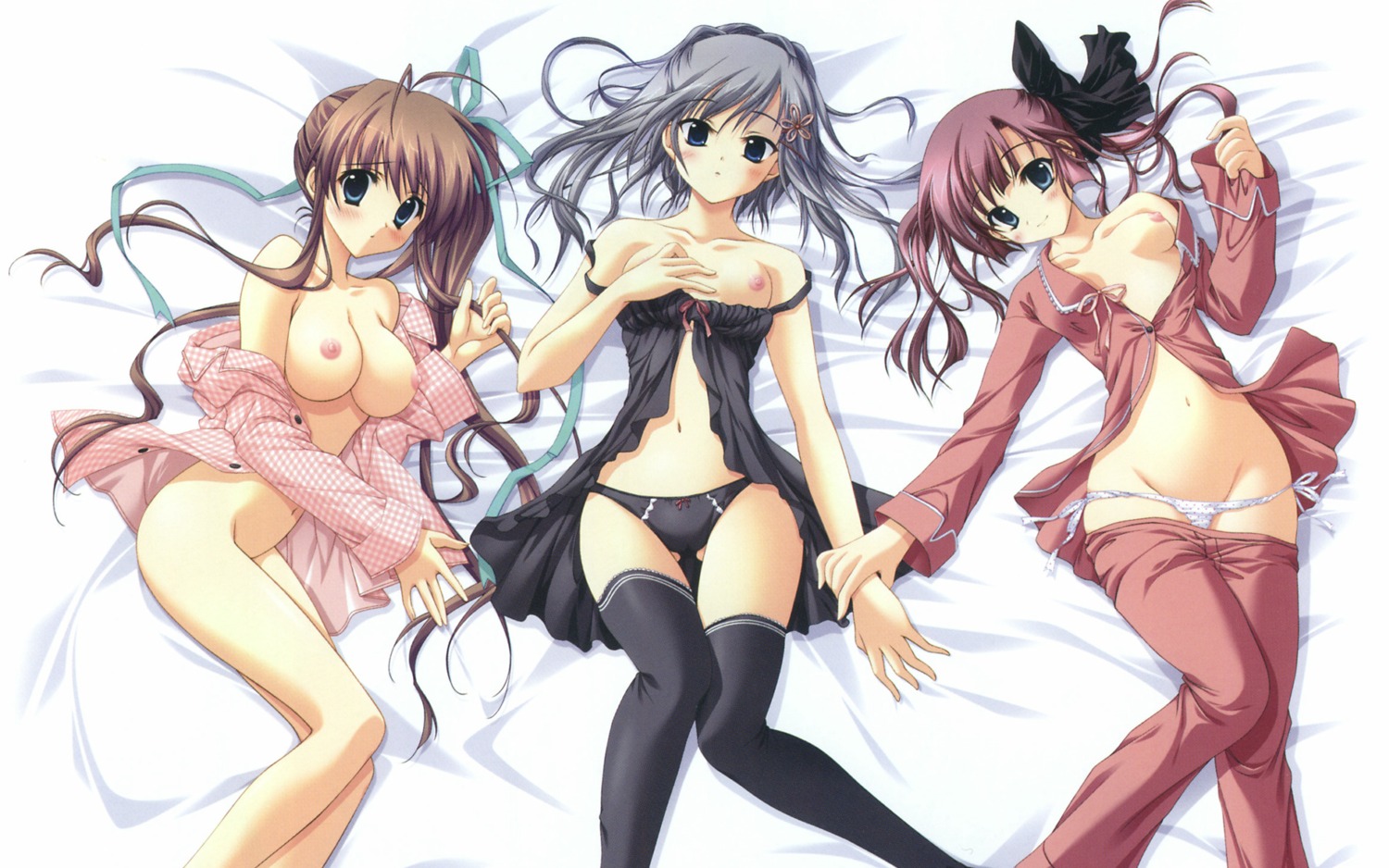 akane_iro_ni_somaru_saka breast_hold breasts feng izumi_tsubasu katagiri_yuuhi lingerie nagase_minato nipples nopan open_shirt pajama pantsu ryohka tachibana_mikoto thighhighs undressing wallpaper