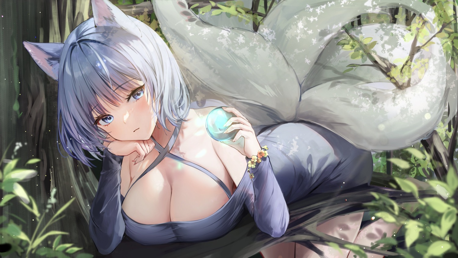 animal_ears cleavage dress kitsune lillly no_bra tail wallpaper