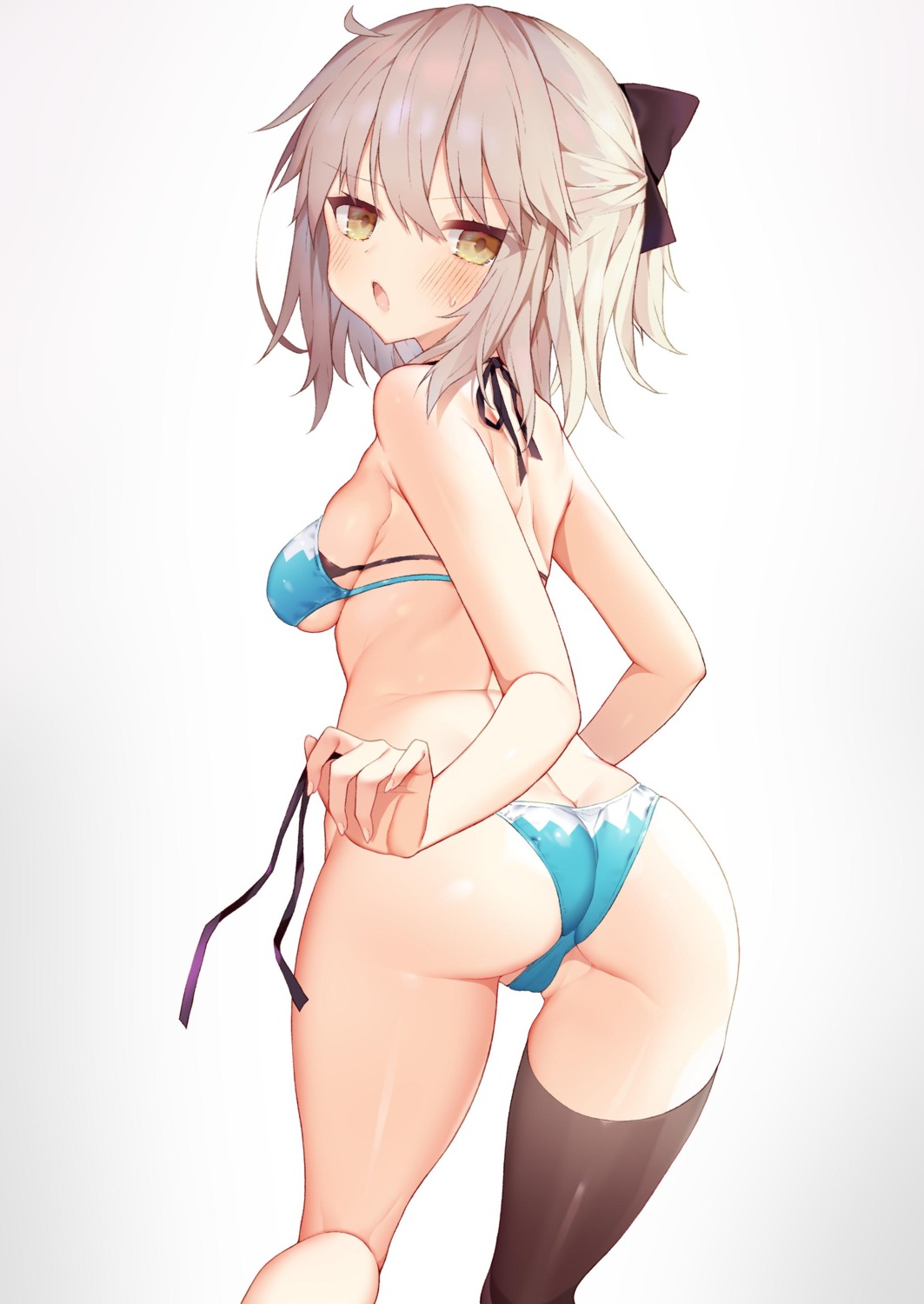 ass bikini cameltoe fate/grand_order jpeg_artifacts okita_souji_(fate) swimsuits thighhighs tomo_(ryo_i_so_) underboob undressing