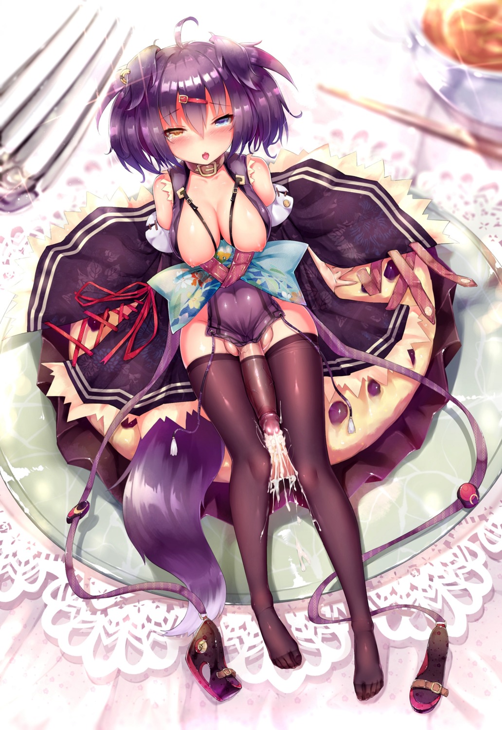 animal_ears breasts cum dk_senie futanari heterochromia nipples no_bra nopan open_shirt tail thighhighs