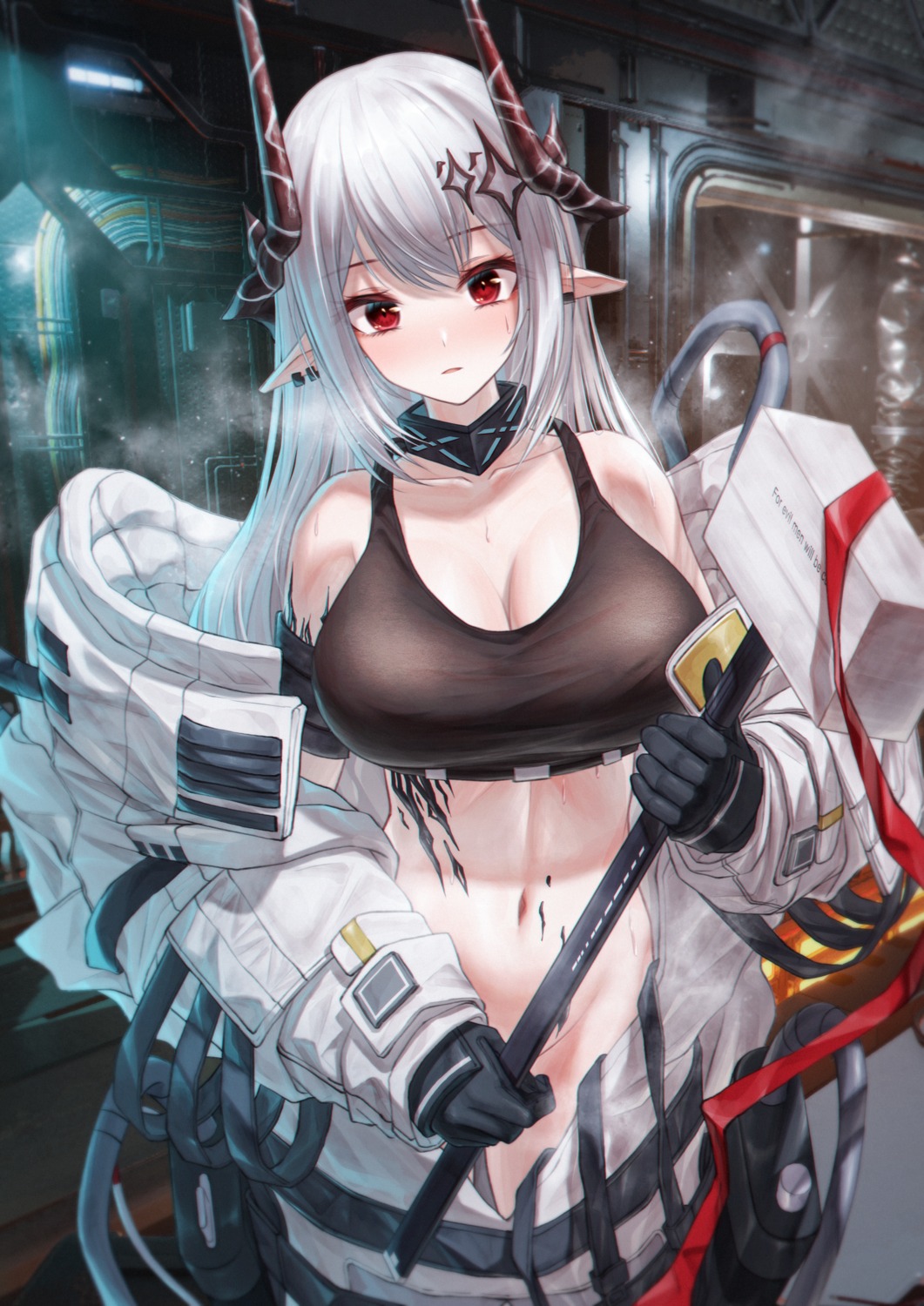 arknights bae.c horns mudrock_(arknights) no_bra nopan pointy_ears weapon