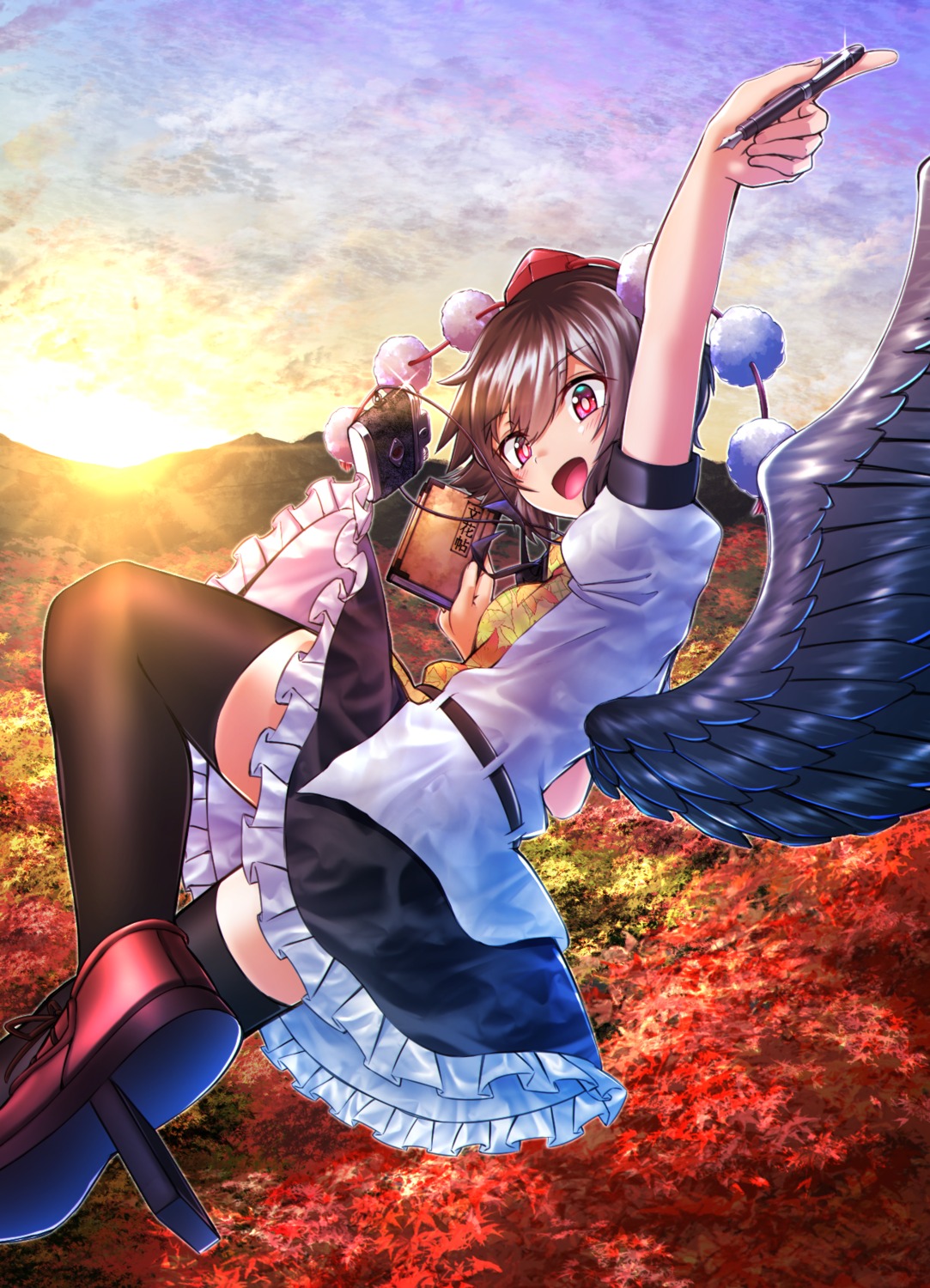 kakutasu_(akihiron_cactus) shameimaru_aya skirt_lift thighhighs touhou wings