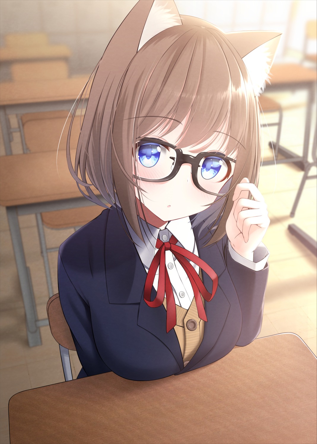 animal_ears megane nekobaka nekomimi seifuku sweater