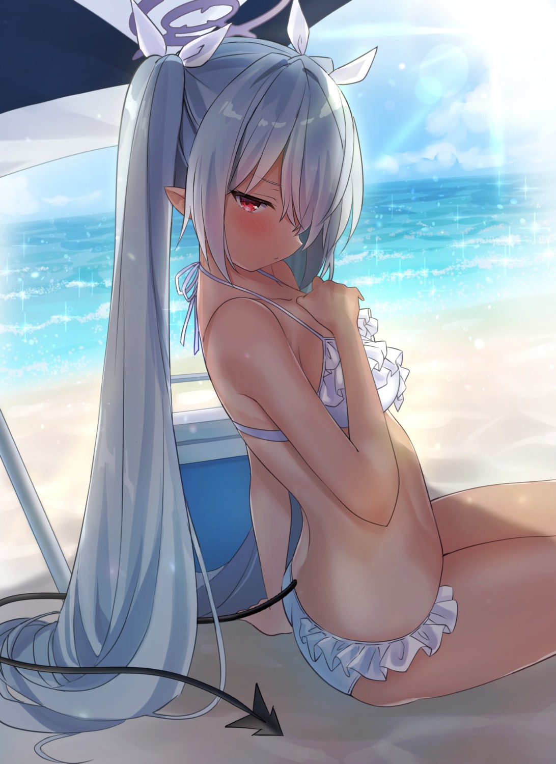 bikini blue_archive breast_hold halo pointy_ears ponponnun shiromi_iori swimsuits tail