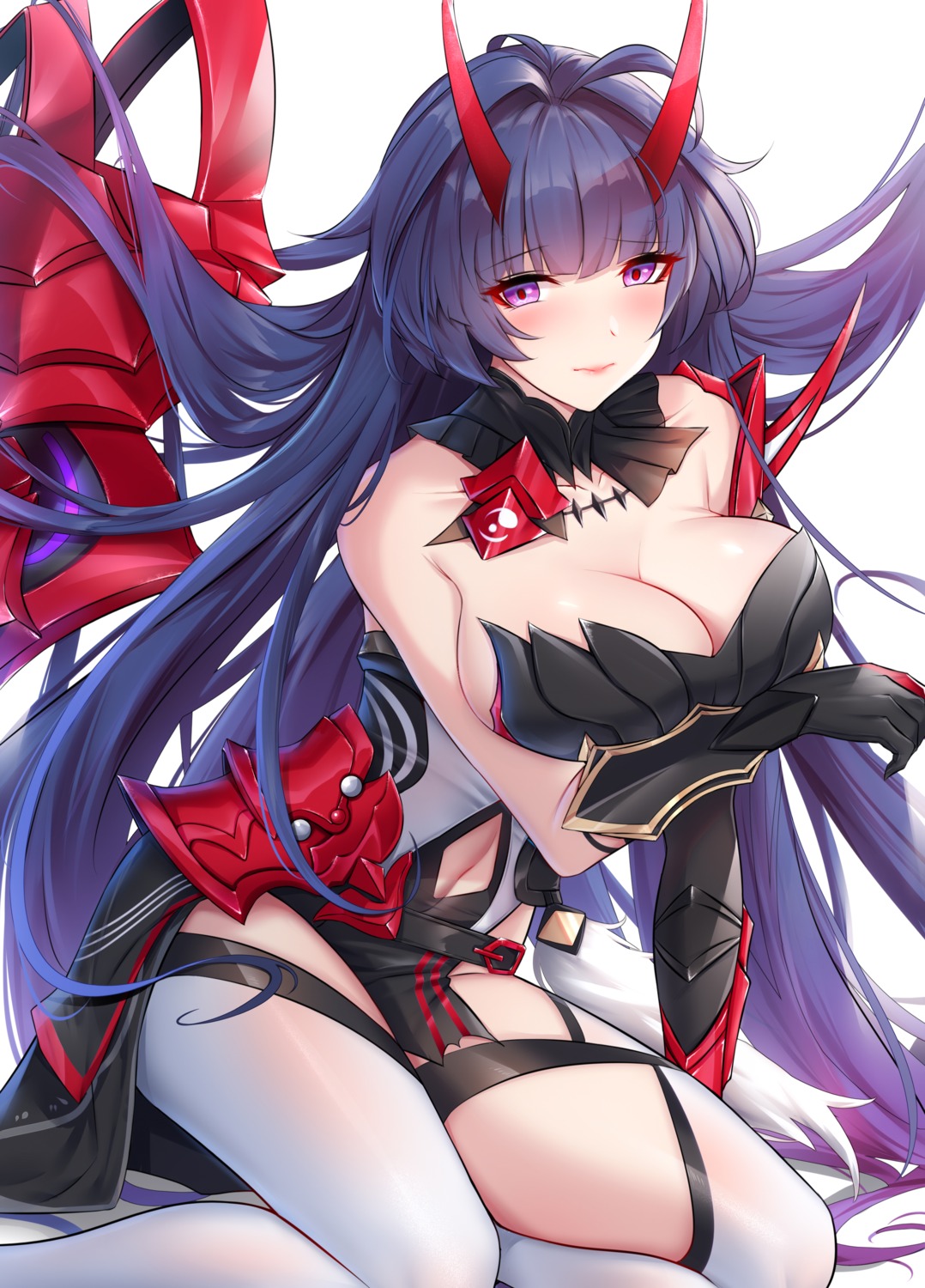 armor artist_revision benghuai_xueyuan breast_hold garter honkai_impact horns no_bra raiden_mei thighhighs wu_ganlan_cai