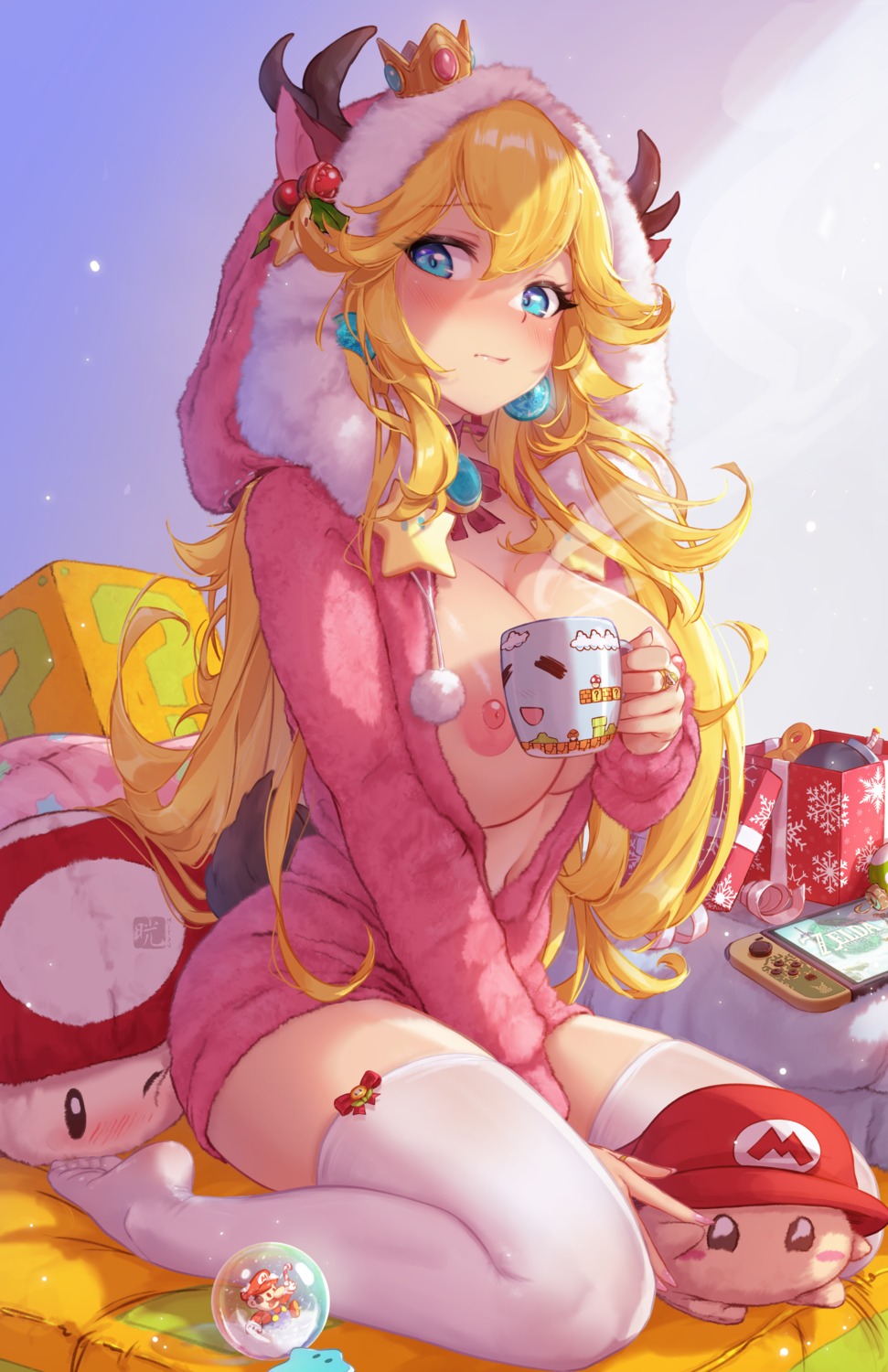 animal_ears horns mario_bros. mitsu_(mitsu_art) nipples no_bra open_shirt pajama princess_peach_toadstool tail thighhighs