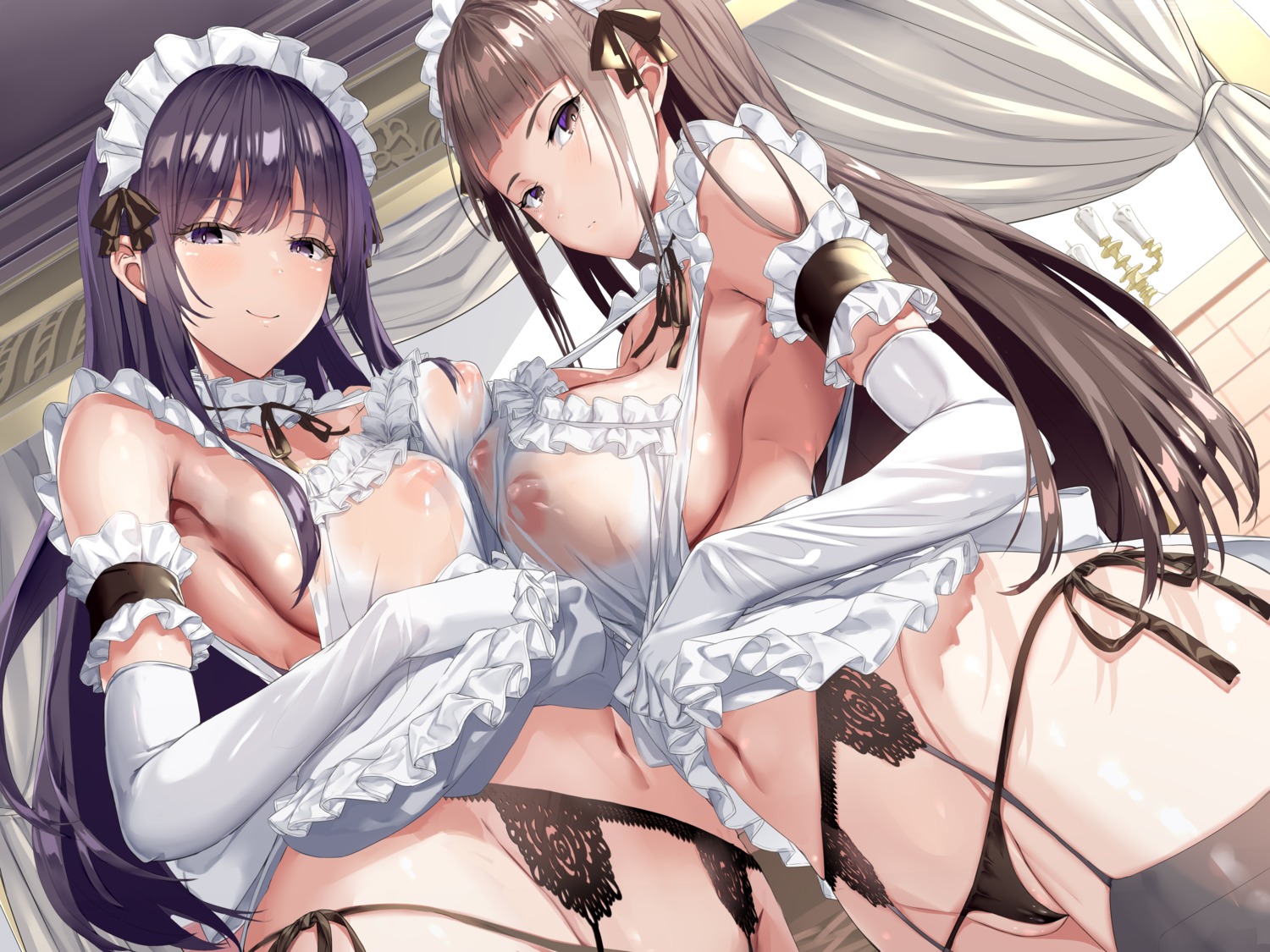 cameltoe garter_belt maid neropaso nipples no_bra pantsu see_through skirt_lift stockings string_panties symmetrical_docking thighhighs thong