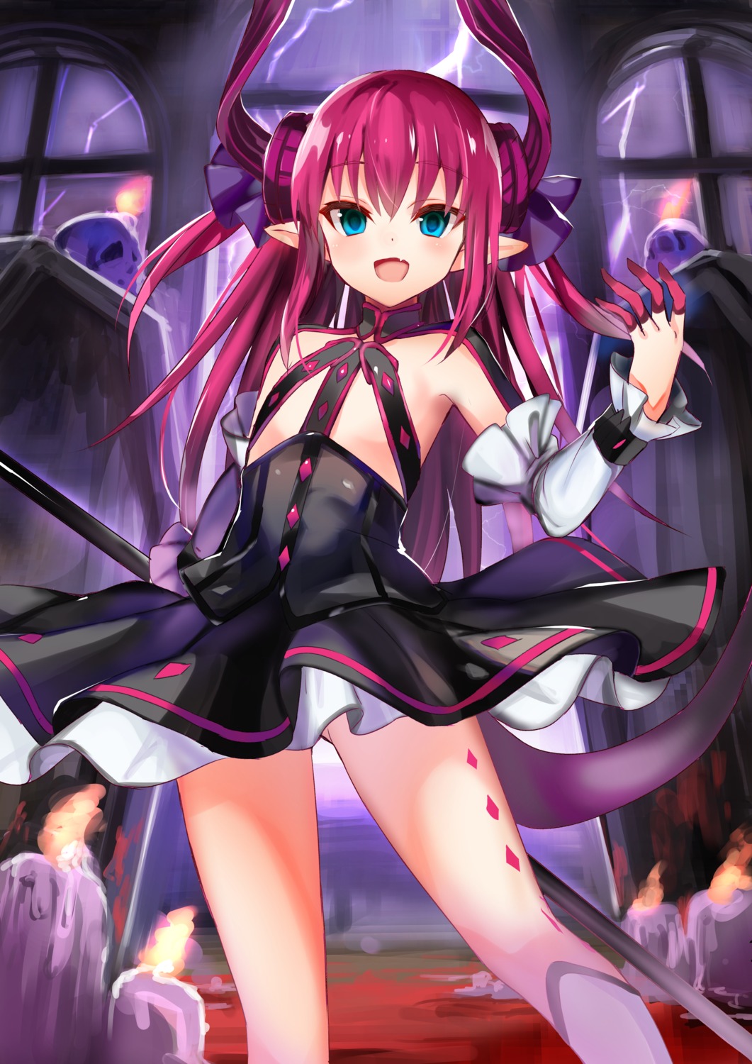 amamitsu_kousuke dress elizabeth_bathory fate/extra fate/extra_ccc fate/grand_order fate/stay_night horns no_bra pointy_ears weapon