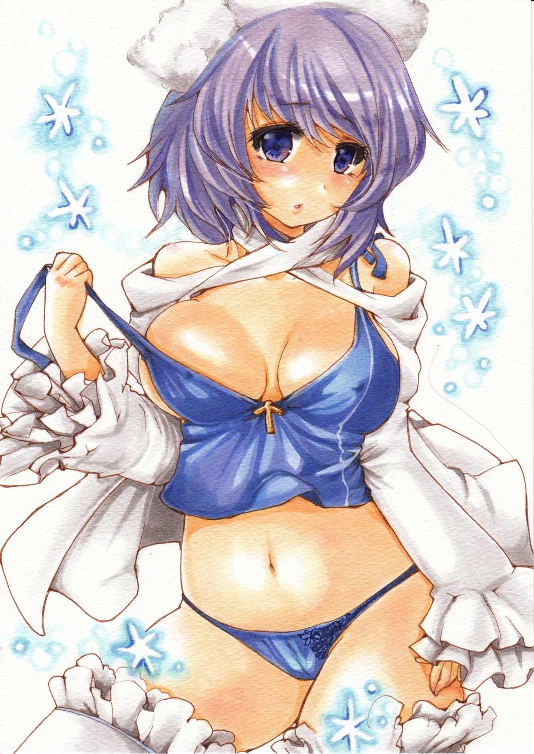 cleavage erect_nipples letty_whiterock open_shirt pantsu thighhighs touhou yurun