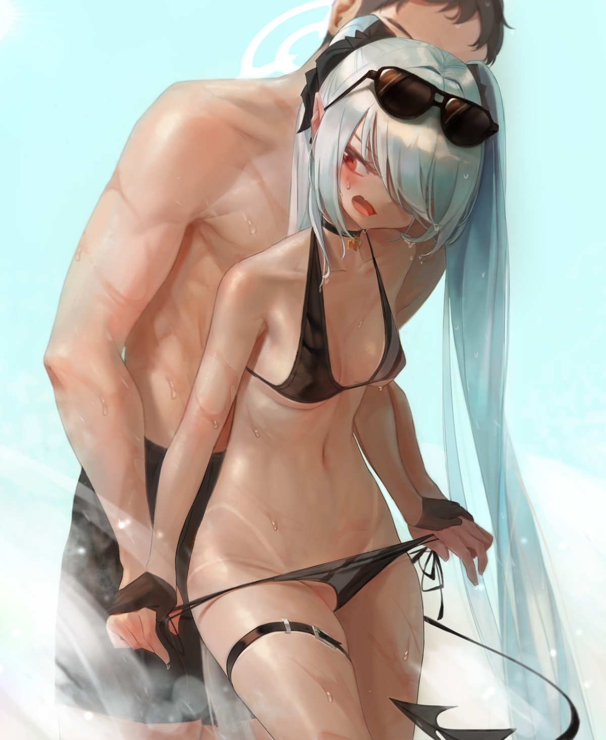 ach_(user_dmdp4335) bikini blue_archive erect_nipples garter halo megane panty_pull pointy_ears shiromi_iori swimsuits tail tan_lines thong undressing wet