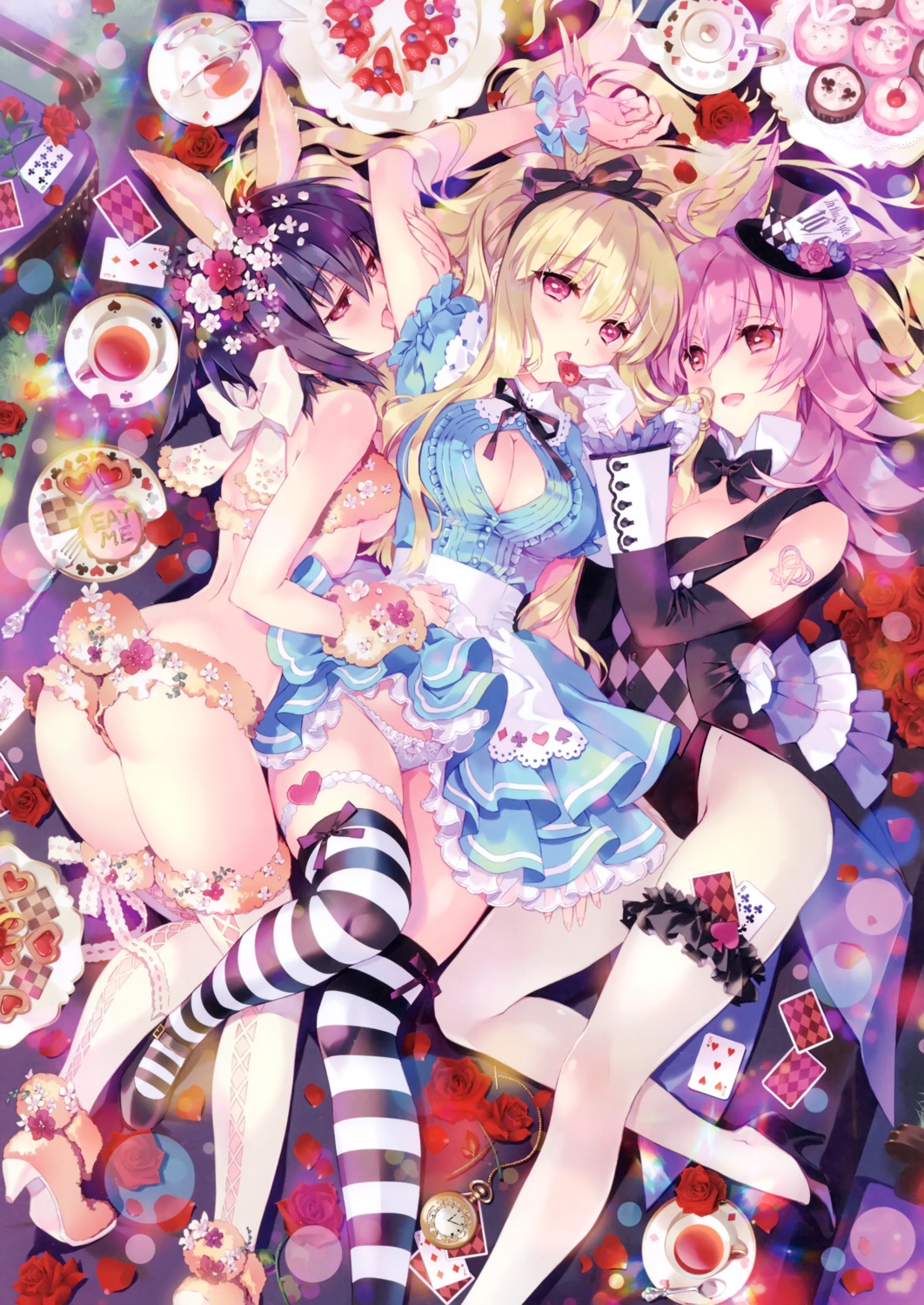 alice alice_in_wonderland animal_ears ass bunny_ears bunny_girl carnelian cleavage cosplay dress fate/grand_order garter heels hildr_(fate/grand_order) no_bra open_shirt ortlinde_(fate/grand_order) pantsu pantyhose skirt_lift tail tattoo thighhighs thrud_(fate/grand_order) underboob valkyrie_(fate/grand_order) yuri