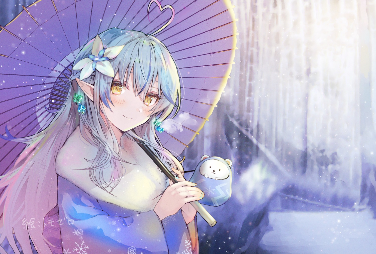 elf hololive kimono pointy_ears tomozero umbrella yukihana_lamy