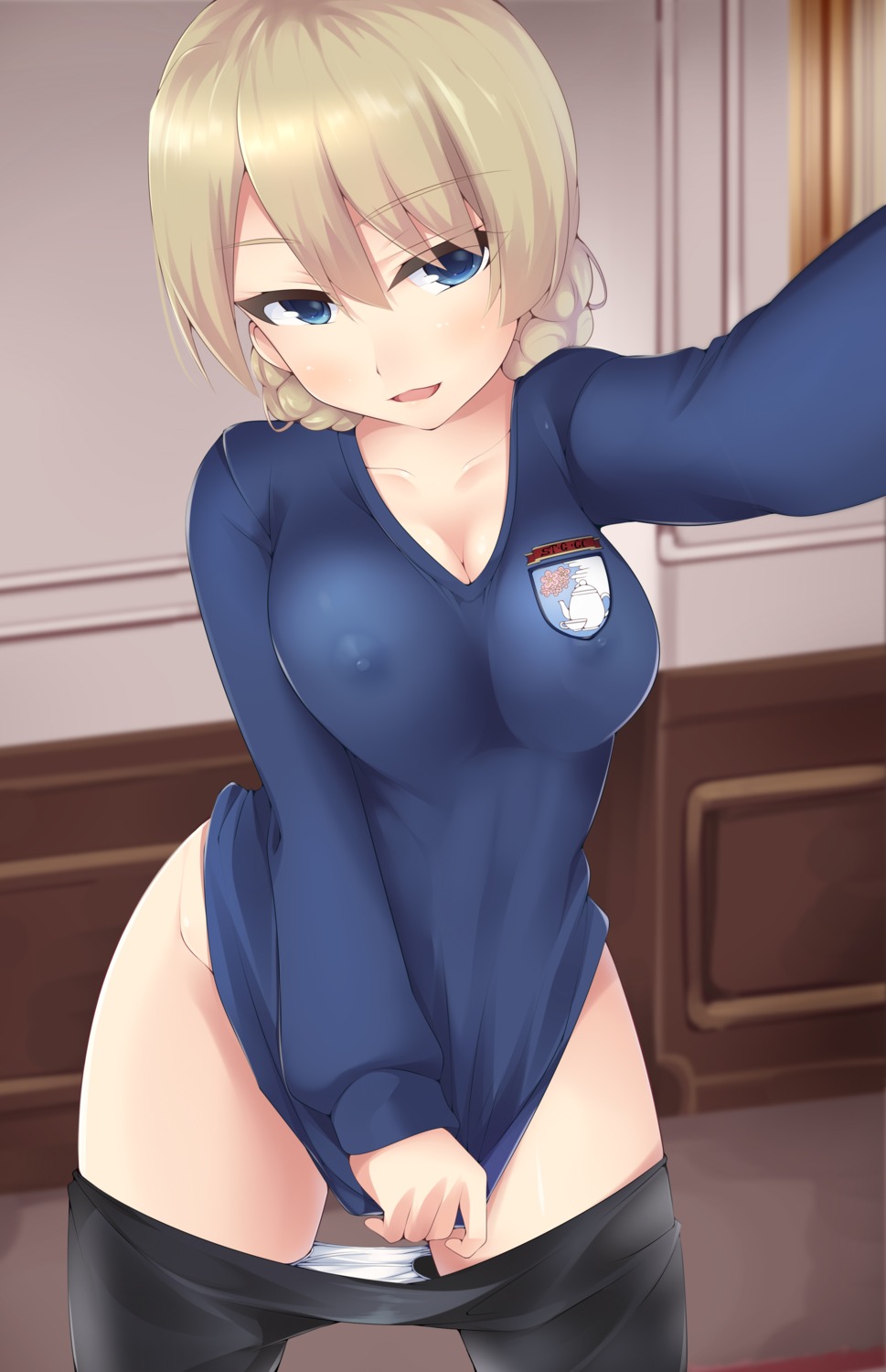 darjeeling erect_nipples girls_und_panzer nksk no_bra pantsu panty_pull seifuku sweater