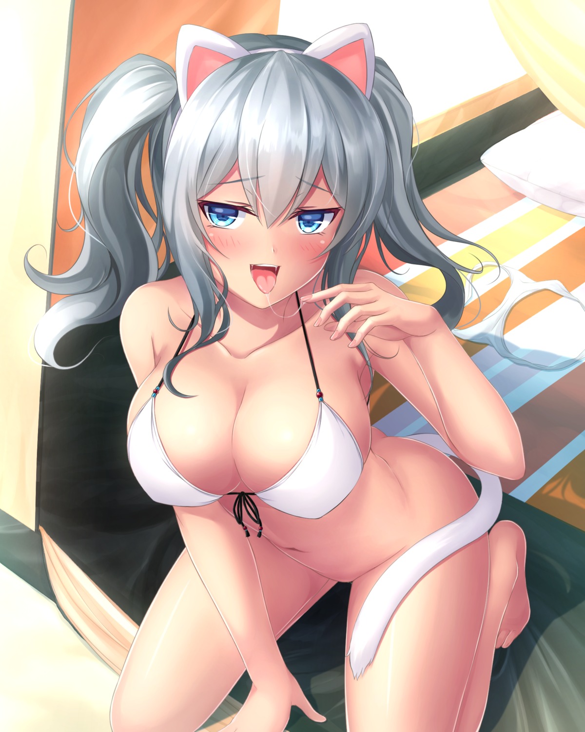 animal_ears bikini_top bottomless cleavage kantai_collection kashima_(kancolle) mutsuba_fumi nekomimi swimsuits tail