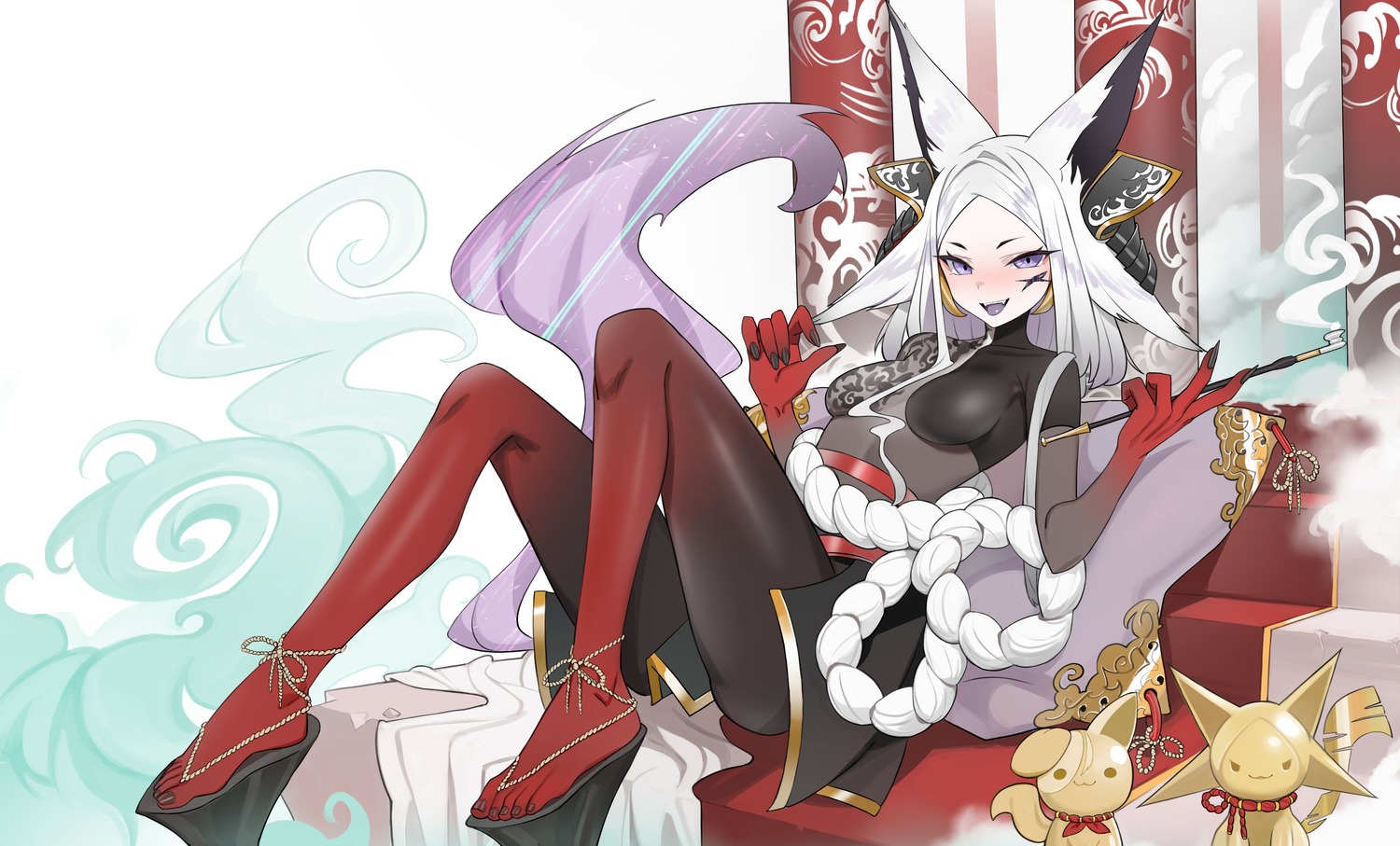 animal_ears bodysuit feet heels indie_virtual_youtuber japanese_clothes kiritzugu kitsune no_bra tail