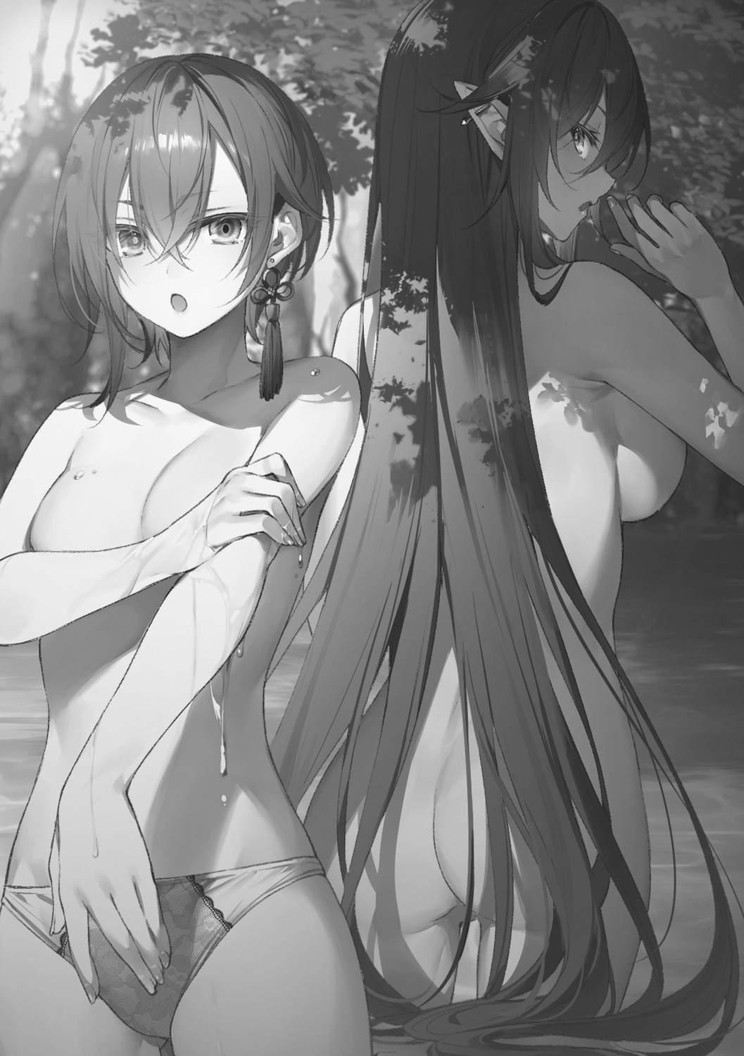 arle_kirlesio elf monochrome naked pantsu pointy_ears sakuya_sieglinde seiken_gakuin_no_maken_tsukai toosaka_asagi topless wet