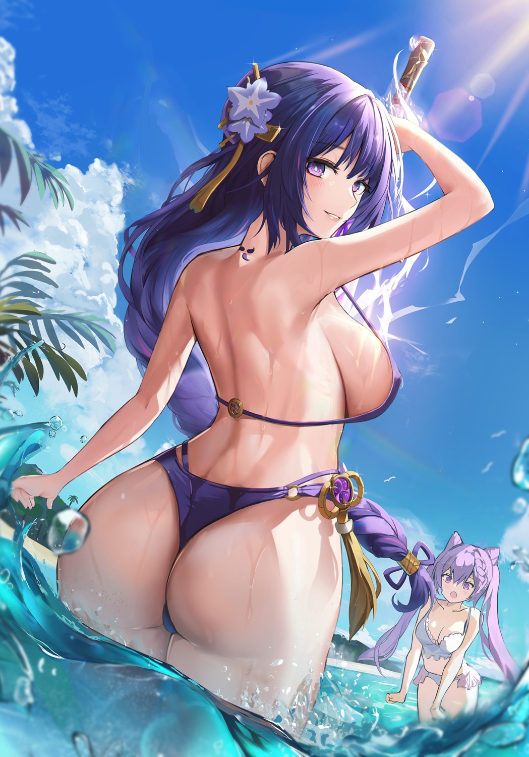 ass bikini cleavage cyken_(cyken0718) erect_nipples genshin_impact keqing raiden_shogun swimsuits sword tattoo thong wet