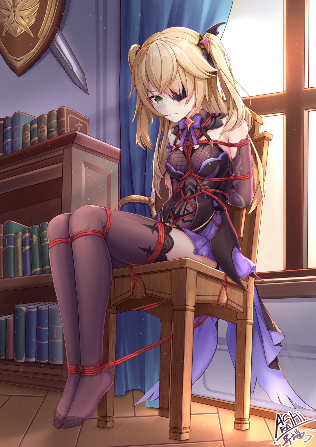 bondage eyepatch fischl fishnets genshin_impact stockings thighhighs yiduan_zhu