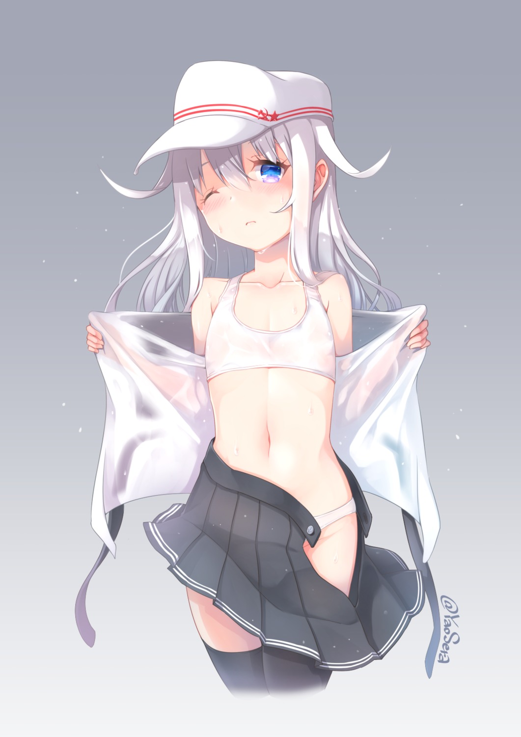 bra hibiki_(kancolle) kantai_collection loli open_shirt pantsu seifuku thighhighs undressing verniy_(kancolle) wet_clothes yaosera