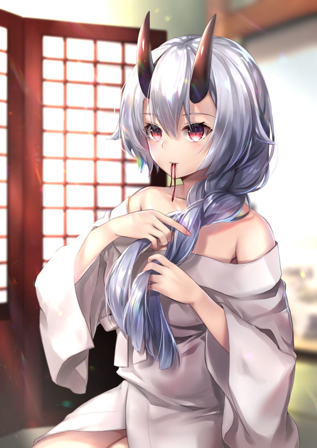 fate/grand_order hane_yuki horns open_shirt tomoe_gozen_(fate/grand_order) yukata