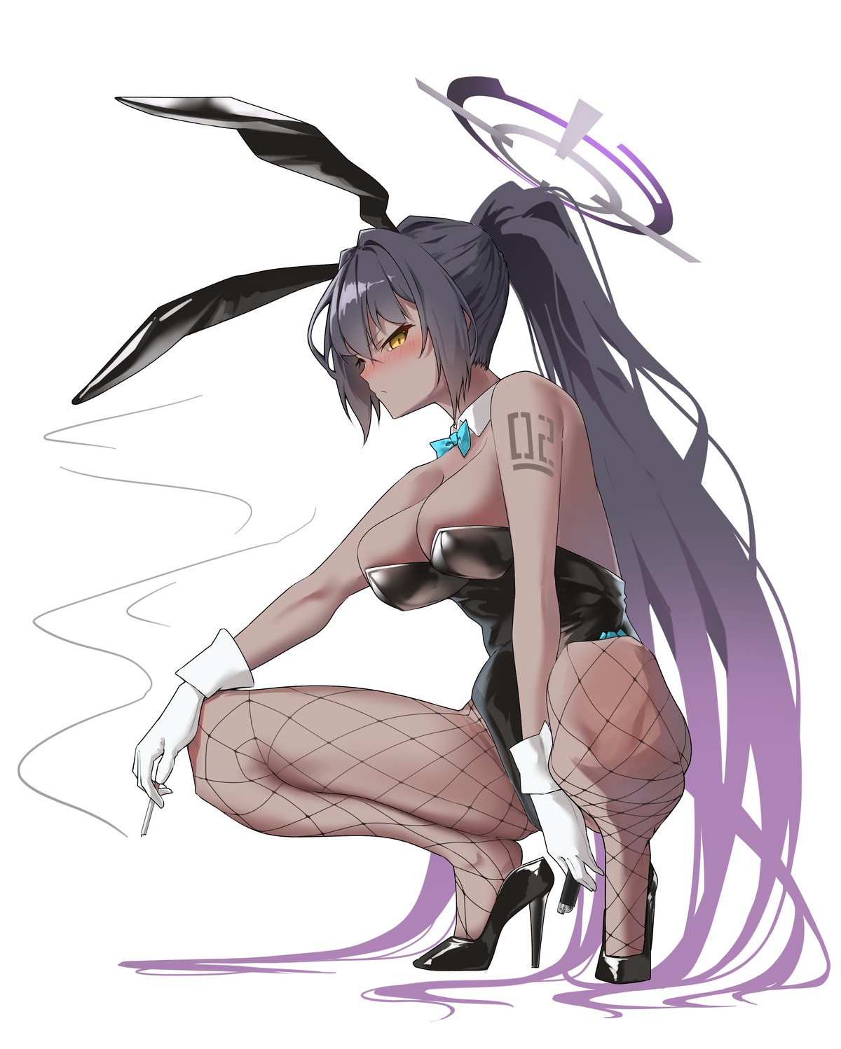 animal_ears blue_archive bunny_ears bunny_girl exia-eku1025 fishnets halo heels kakudate_karin no_bra pantyhose smoking tattoo