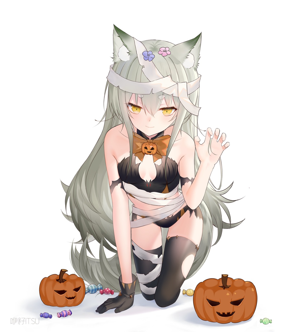 animal_ears bandages cleavage halloween no_bra ookamisama pantsu thighhighs torn_clothes