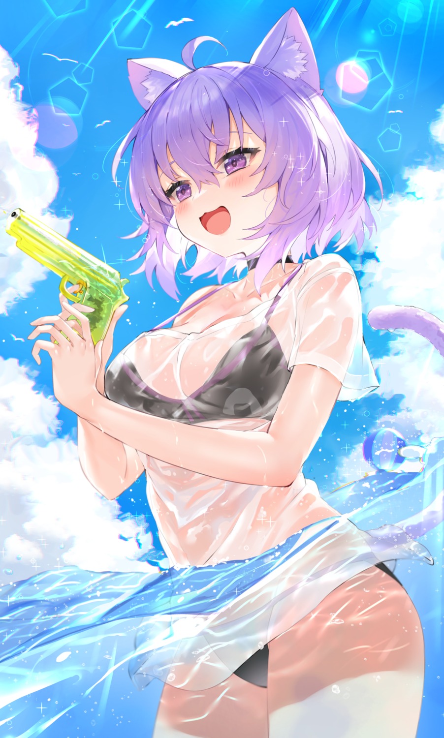 animal_ears bikini gun hololive hololive_gamers kou_mashiro nekomata_okayu nekomimi see_through swimsuits tail wet wet_clothes