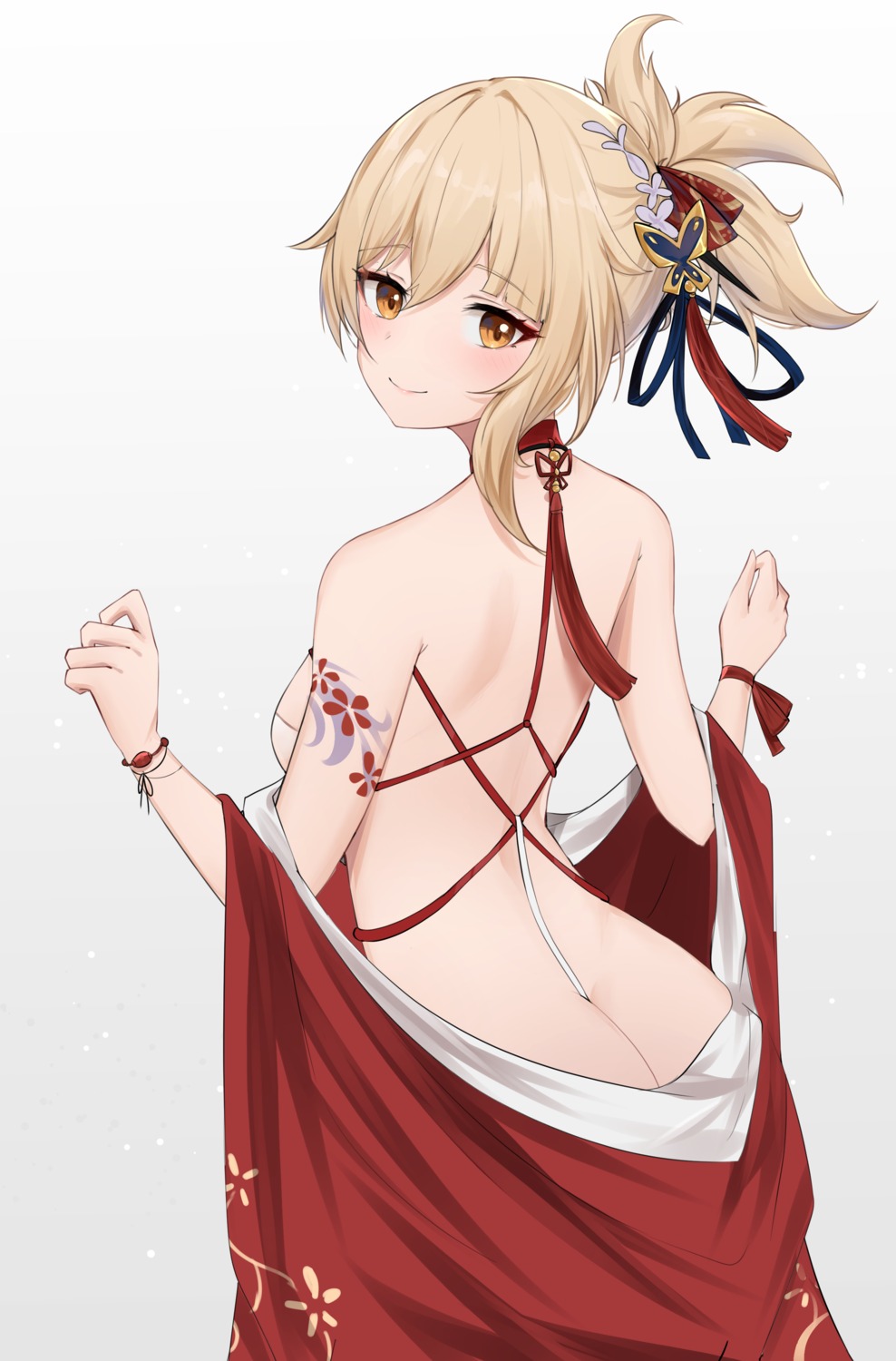 asian_clothes ass azur_lane cosplay feint721 genshin_impact glorious_(azur_lane) no_bra nopan open_shirt tattoo yoimiya