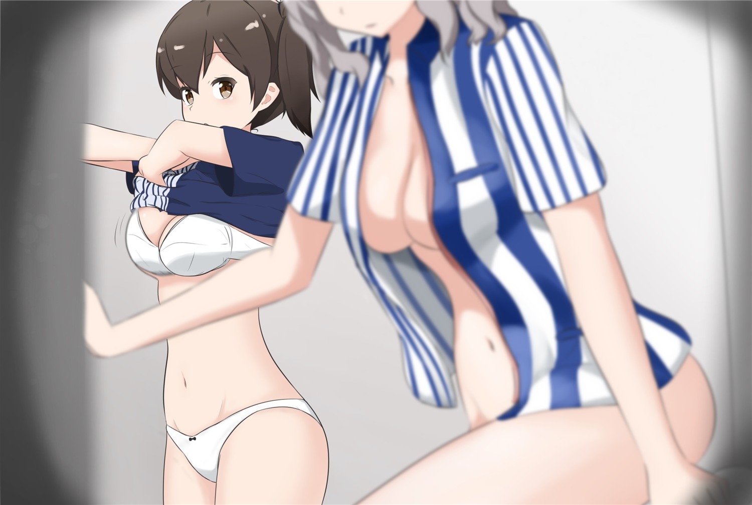 bottomless bra cleavage harmon kaga_(kancolle) kantai_collection kashima_(kancolle) lawson no_bra open_shirt pantsu shirt_lift undressing uniform