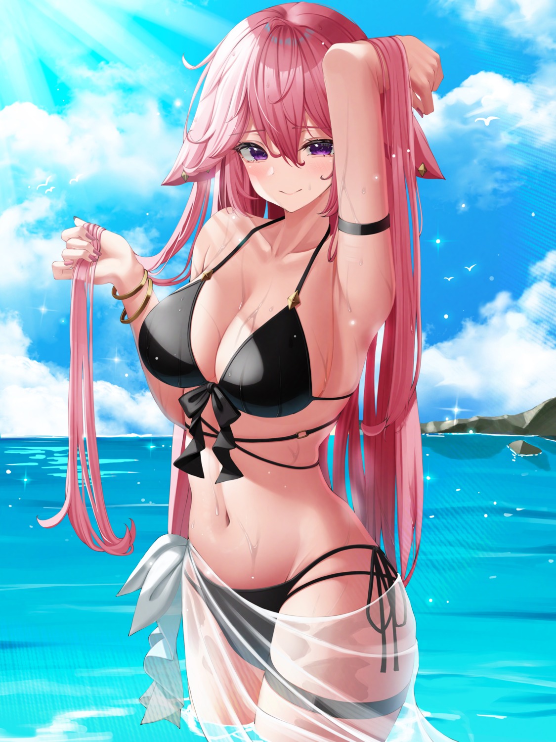 animal_ears bikini garter genshin_impact hsxxx kitsune see_through swimsuits wet yae_miko