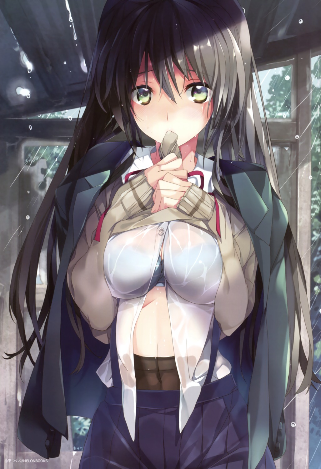 bra breast_hold open_shirt pantyhose see_through seifuku shirt_lift sweater taira_tsukune wet_clothes