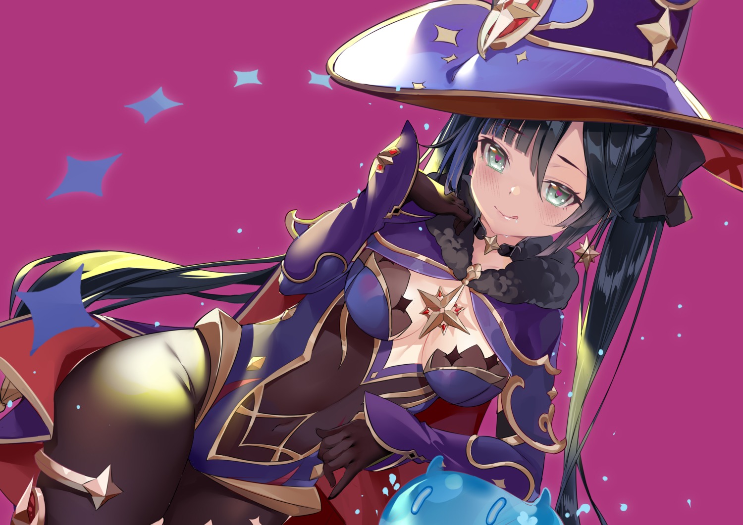 garter genshin_impact kikimi leotard mona_megistus no_bra pantyhose witch