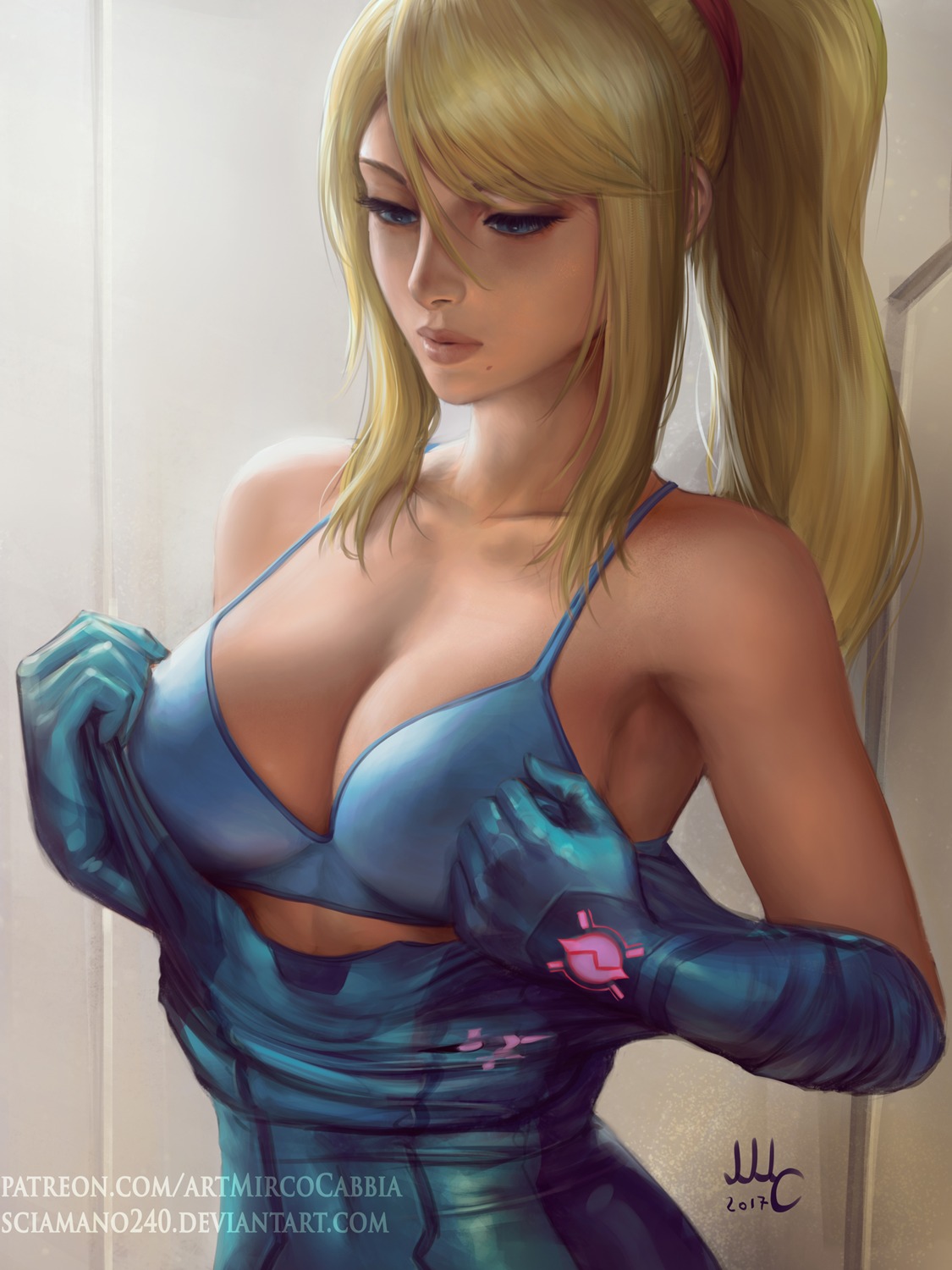 bodysuit bra metroid mirco_cabbia open_shirt samus_aran undressing