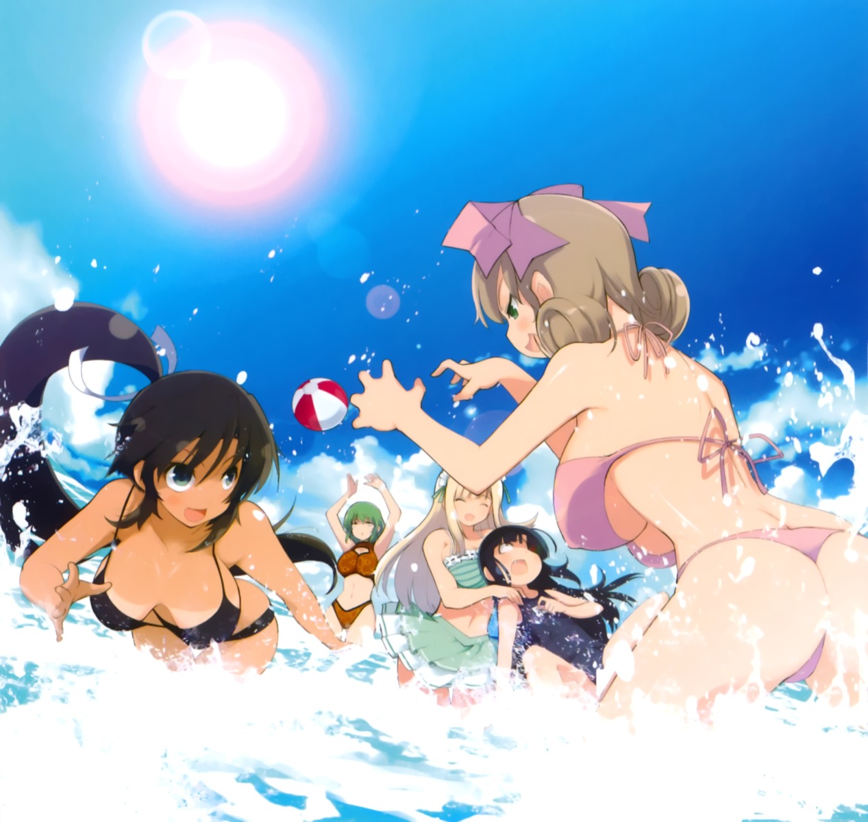 ass bikini cleavage eyepatch haruka_(senran_kagura) hikage homura_(senran_kagura) maid mirai_(senran_kagura) school_swimsuit senran_kagura swimsuits tan_lines underboob wet yaegashi_nan yomi_(senran_kagura)