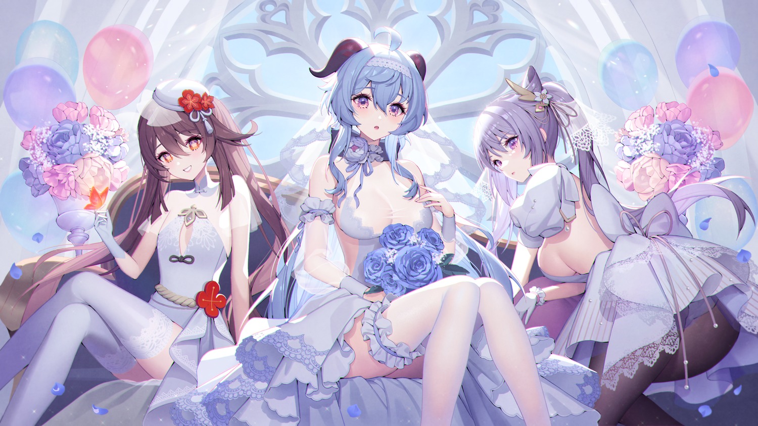 ass cleavage dress ganyu garter genshin_impact horns hu_tao keqing lemonpear no_bra pantsu pantyhose skirt_lift thighhighs thong wedding_dress