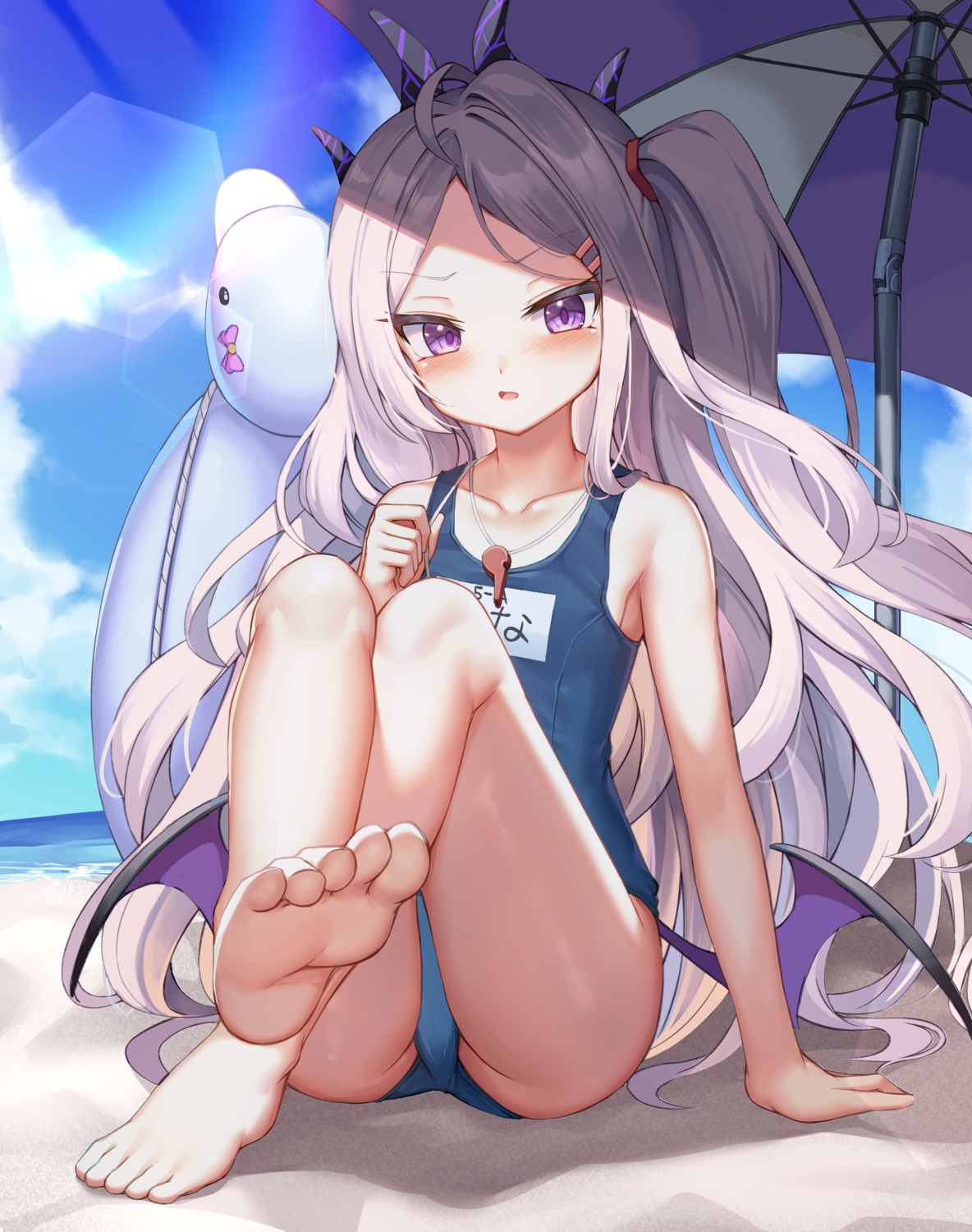 blue_archive devil feet horns loli mannack school_swimsuit sorasaki_hina swimsuits wings