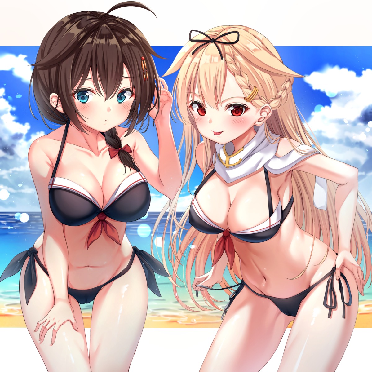 bikini cameltoe cleavage erect_nipples kantai_collection shigure_(kancolle) swimsuits xue_lu yuudachi_(kancolle)