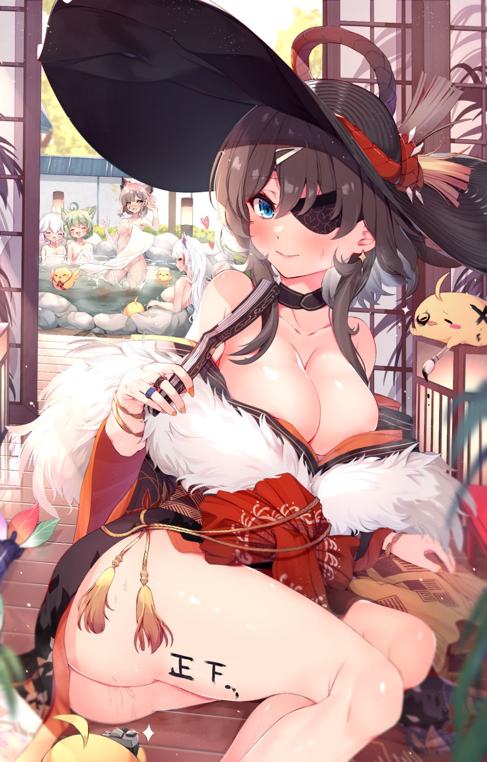 akashi_(azur_lane) animal_ears areola ass azur_lane bathing breasts censored eyepatch georgia_(azur_lane) japanese_clothes manjuu_(azur_lane) naked no_bra nopan nya_rl onsen open_shirt prinz_eugen_(azur_lane) pussy_juice skirt_lift towel wet