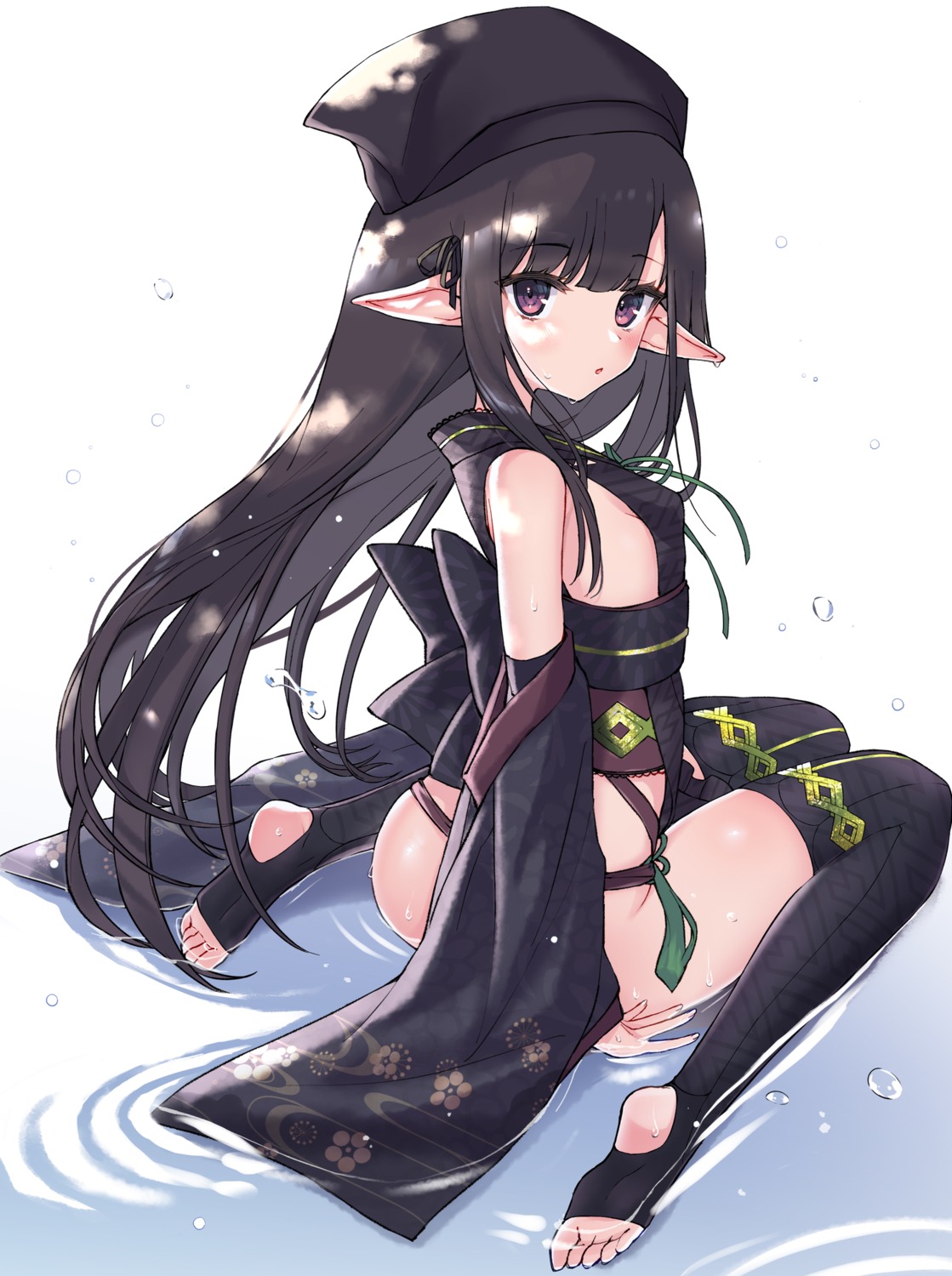 bottomless japanese_clothes komiya_nigi loli no_bra pointy_ears thighhighs