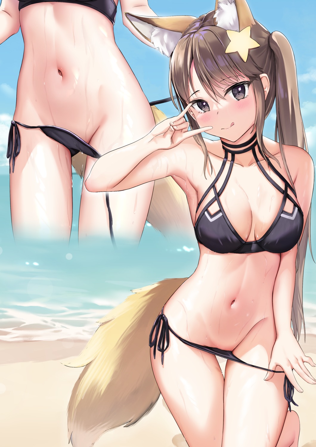 animal_ears bikini kitsune panty_pull skai_kun swimsuits tail undressing wet