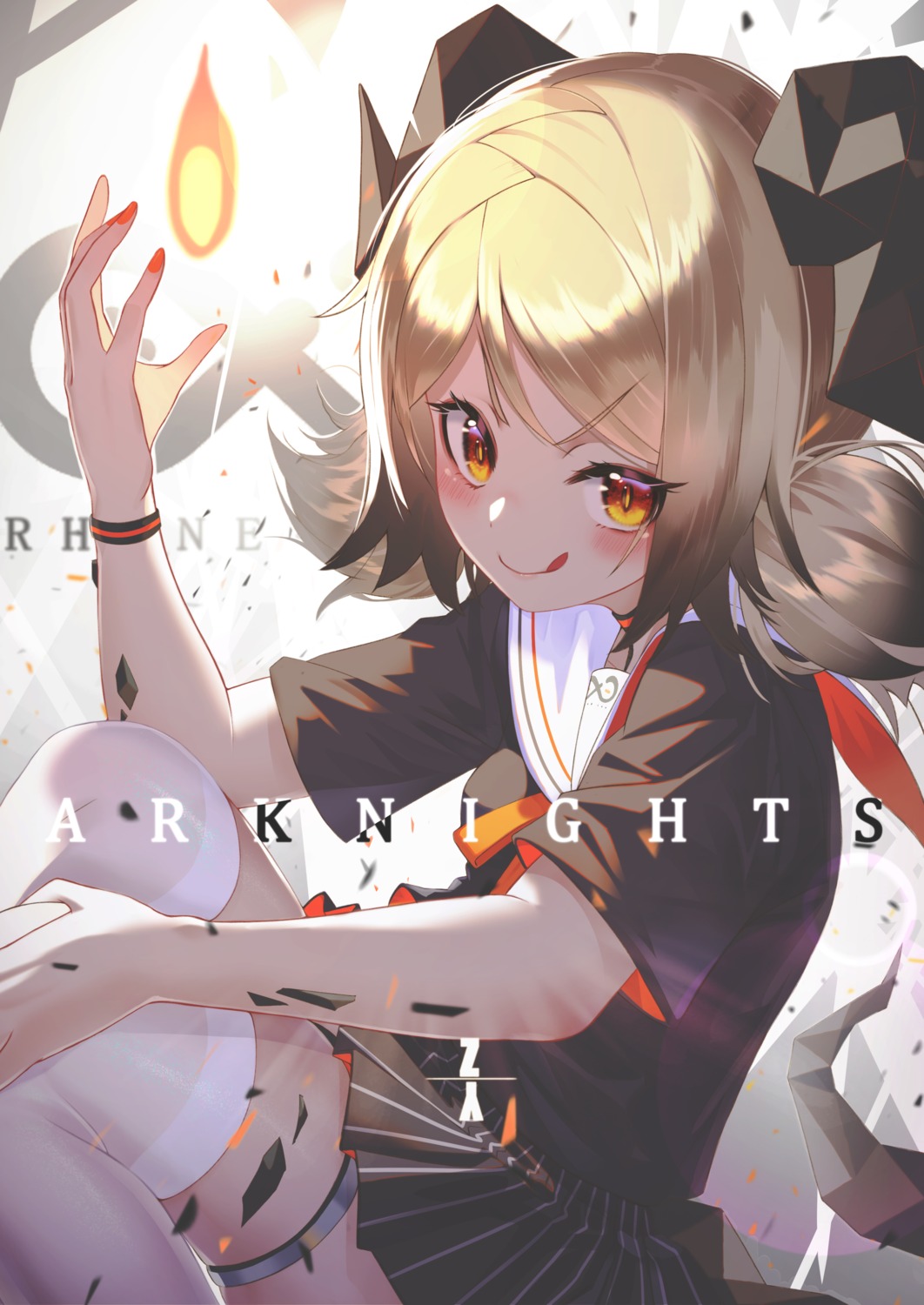 arknights garter horns ifrit_(arknights) nonaginta_novem seifuku skirt_lift tail thighhighs