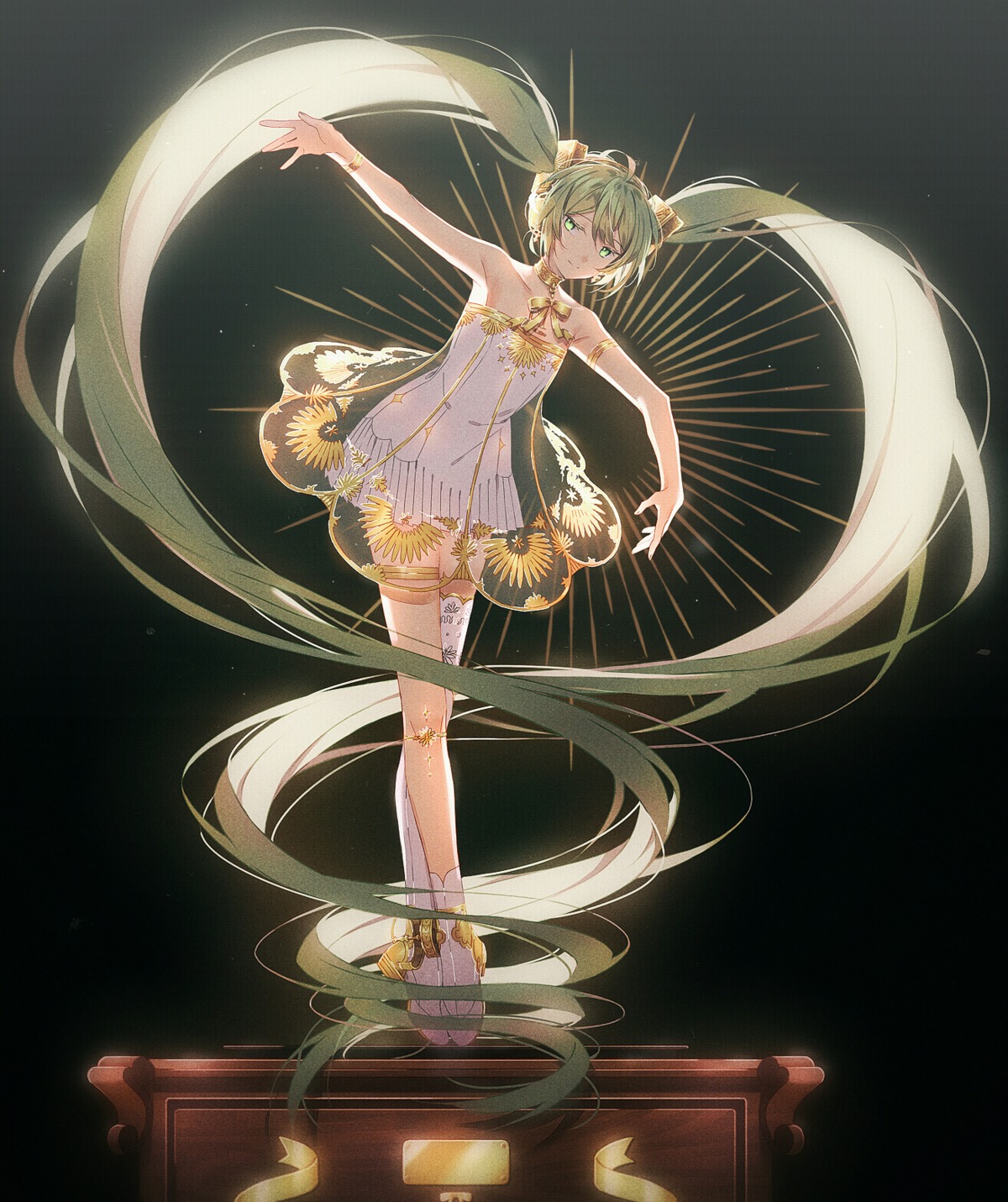 artist_revision dress gramophone_miku hakusai_(tiahszld) hatsune_miku hatsune_miku_symphony see_through skirt_lift tattoo thighhighs vocaloid