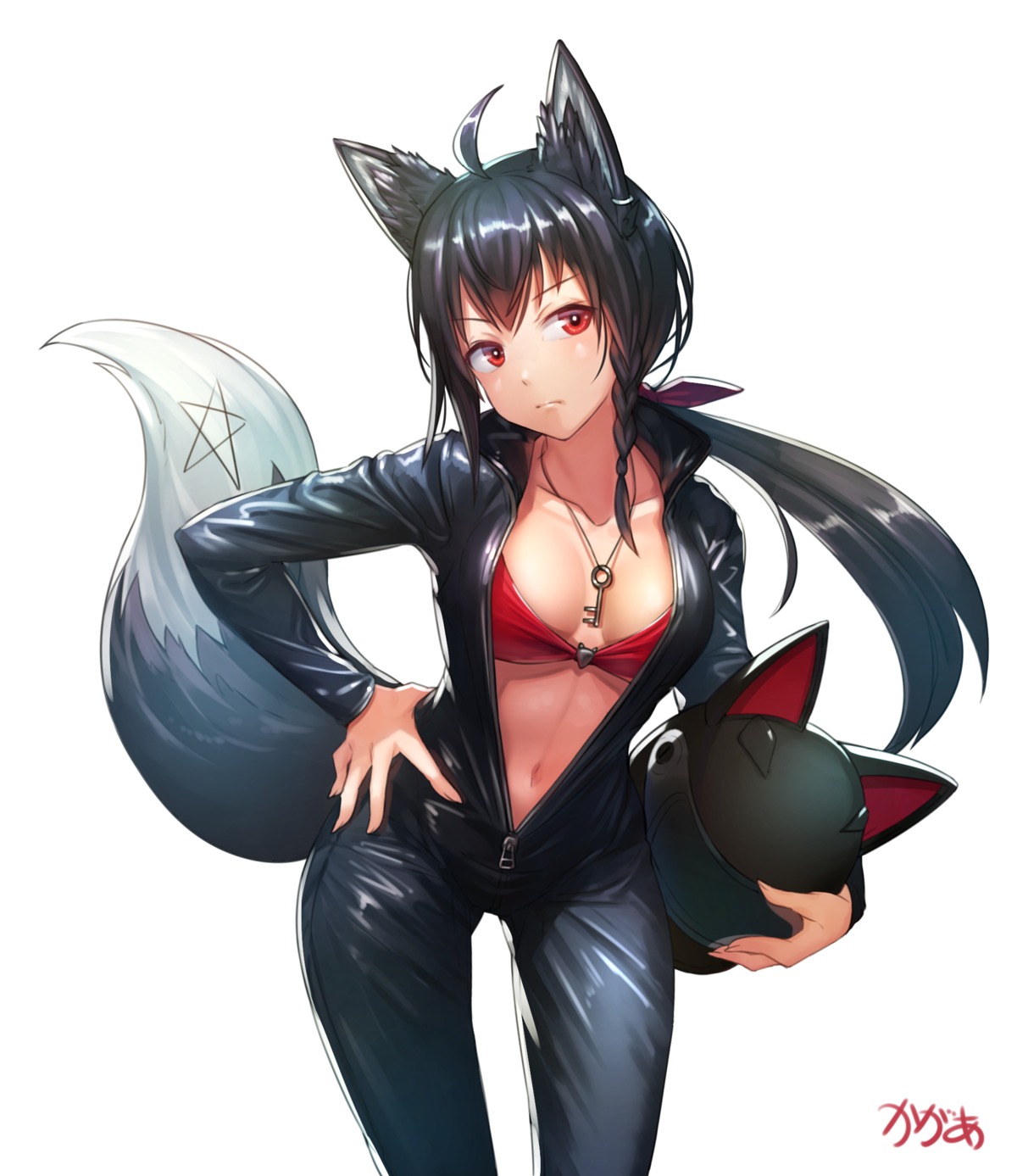 animal_ears arpeggio_kaga bikini_top bodysuit cleavage hololive hololive_gamers kitsune kurokami_fubuki open_shirt swimsuits tail