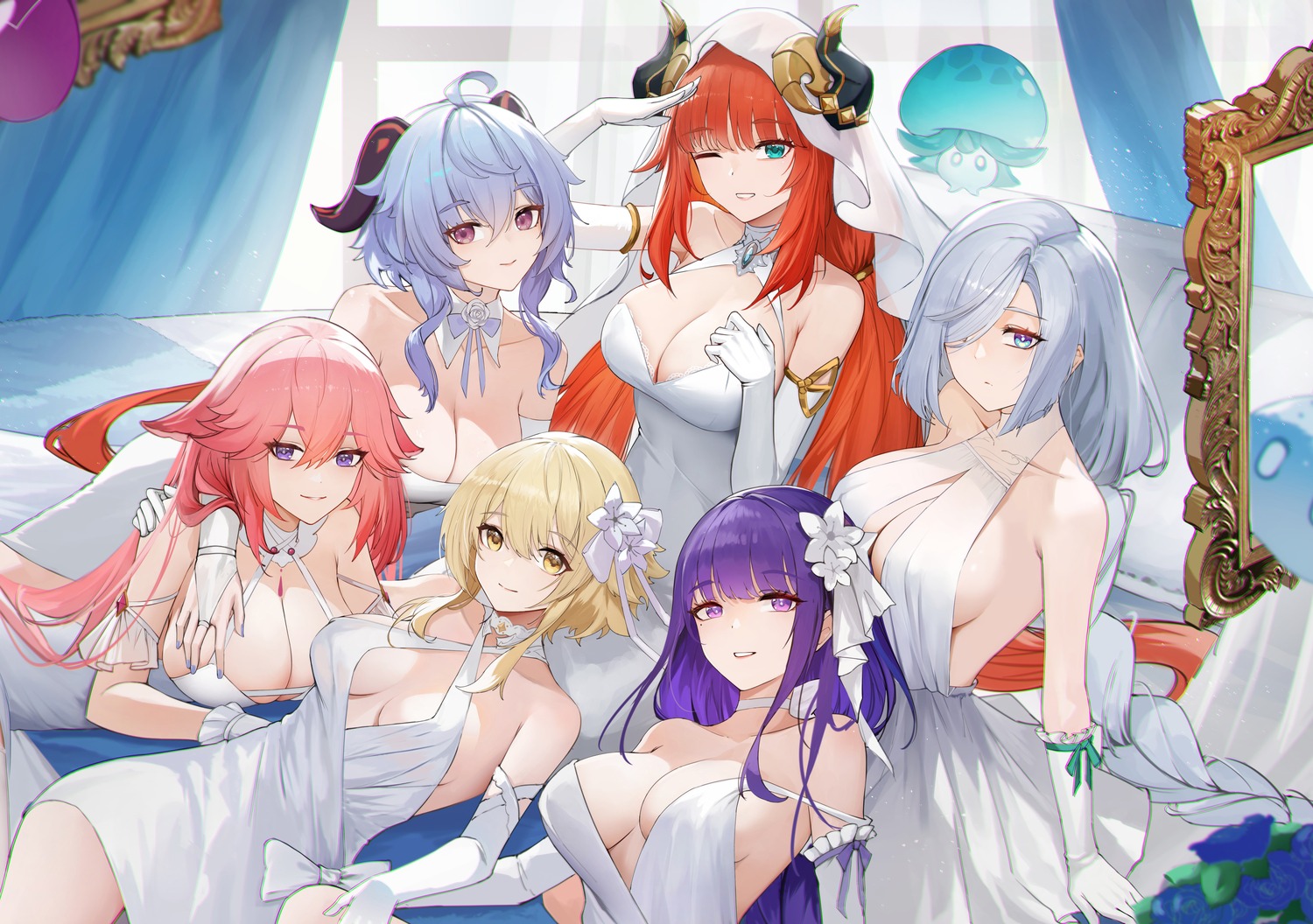 animal_ears dress ganyu genera-x genshin_impact horns kitsune lumine nilou no_bra raiden_shogun see_through shenhe wedding_dress yae_miko