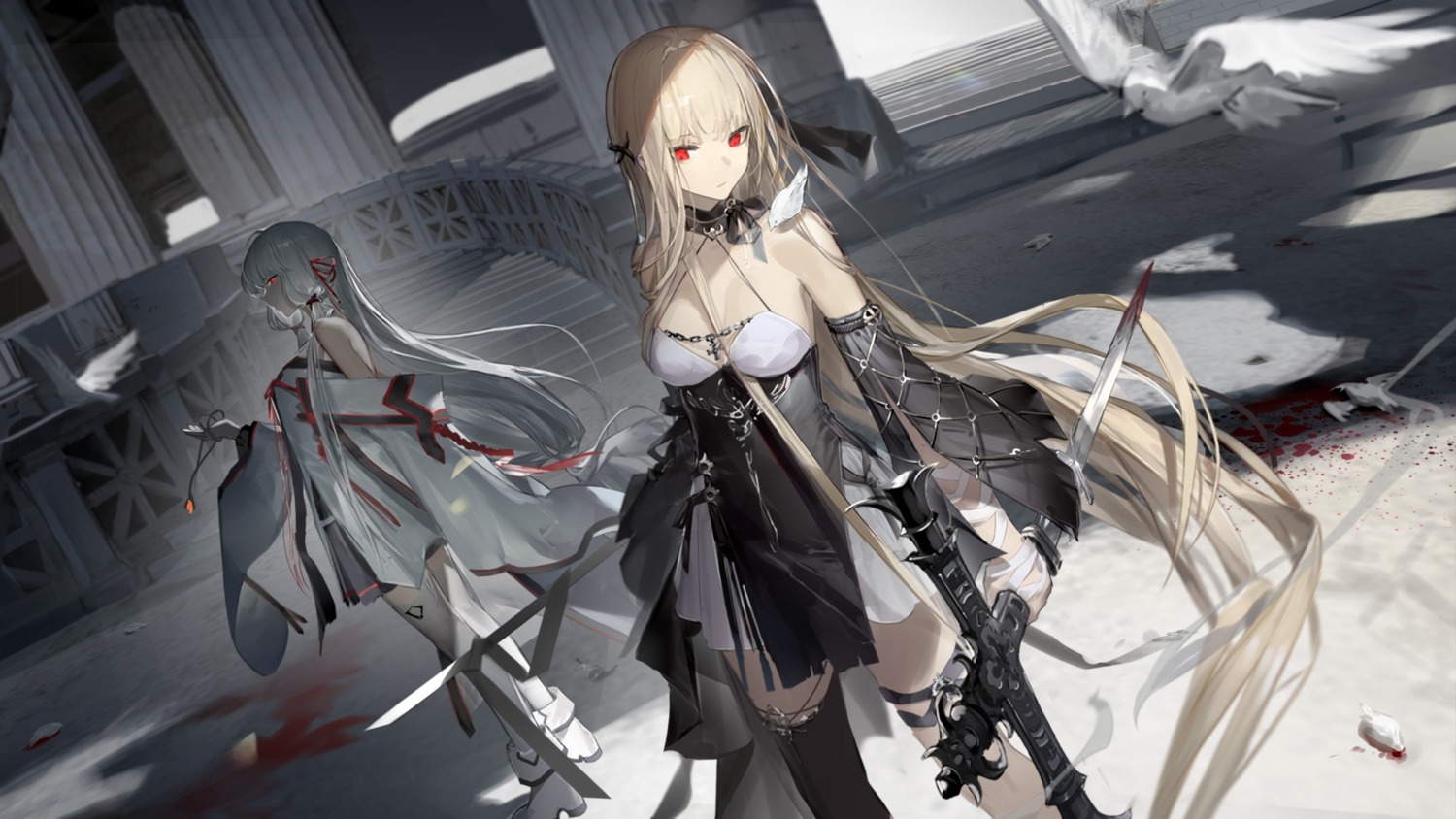 bandages blood dress garter no_bra shuiran_moon sword thighhighs wallpaper