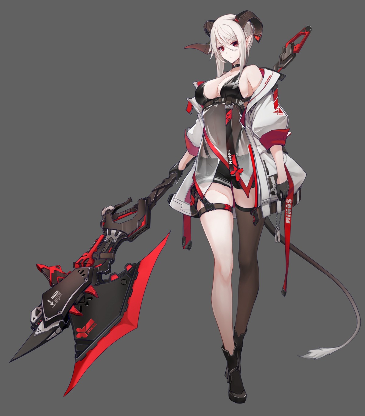 bra garter horns pointy_ears see_through tail thighhighs weapon x2